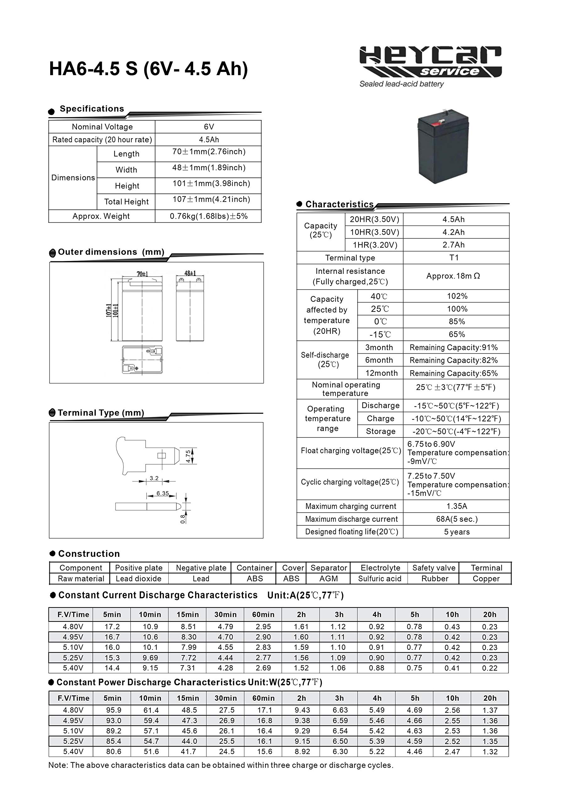 Batterie AGM 6V 4.5Ah Heycar - Pour Applications Stationnaires, Décharge Max 68A, Dimensions 70x48x101mm - 9