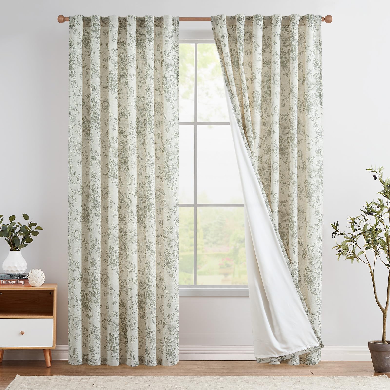 jinchan Lined Linen Curtains Floral Curtains for Living Room 84 Inches Long Green Peony Flower Printed Curtains Rod Pocket Back Tab Farmhouse Patterned Drapes Bedroom Window Curtains Set 2 Panels