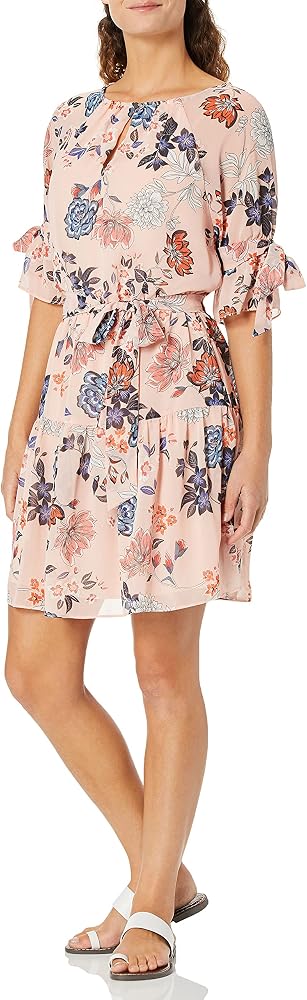Vince Camuto Women's Floral Print Chiffon Dress, Peach, 4 : Amazon.co.uk:  Fashion