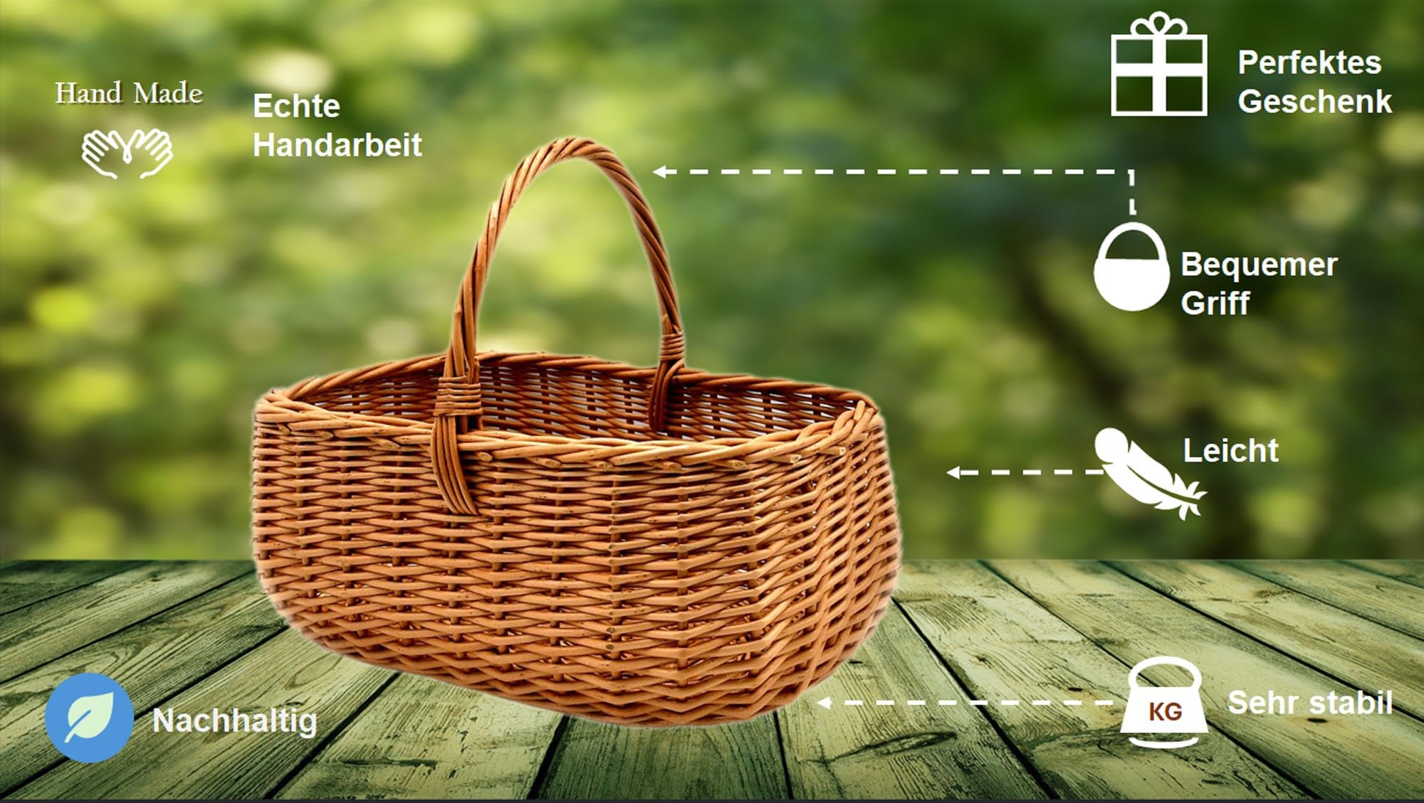 MyBer® Korb Weidenkorb Einkaufskorb Picknickkorb 33/23/13cm Stabiler Tragekorb aus Weide K1-014