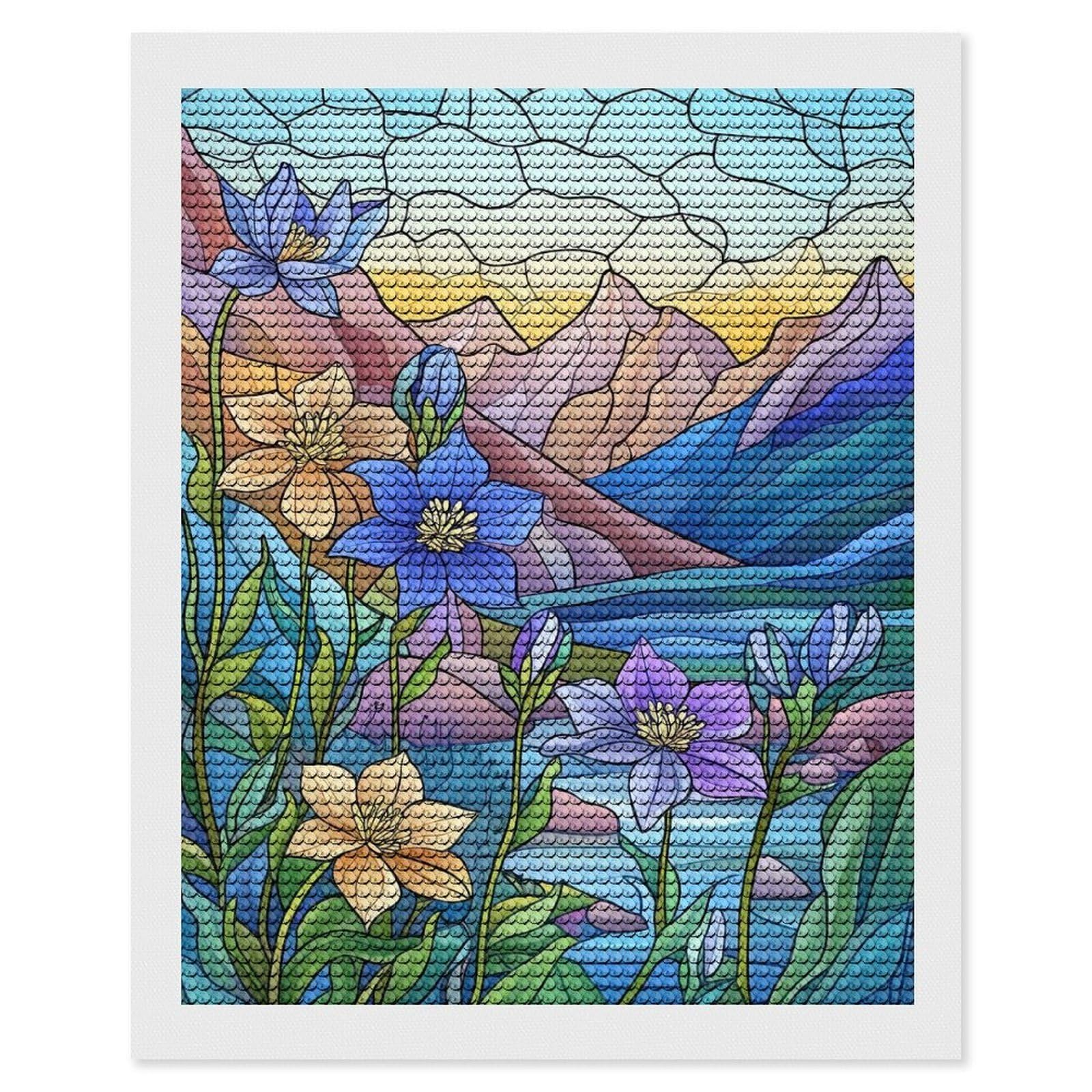 Junmoney Mountain Flowers Stained Glass Full Drill Diamond Painting Kit 16"x20", Sparkling Round Gems, Decorate Your Room, Mindful Craft Activity