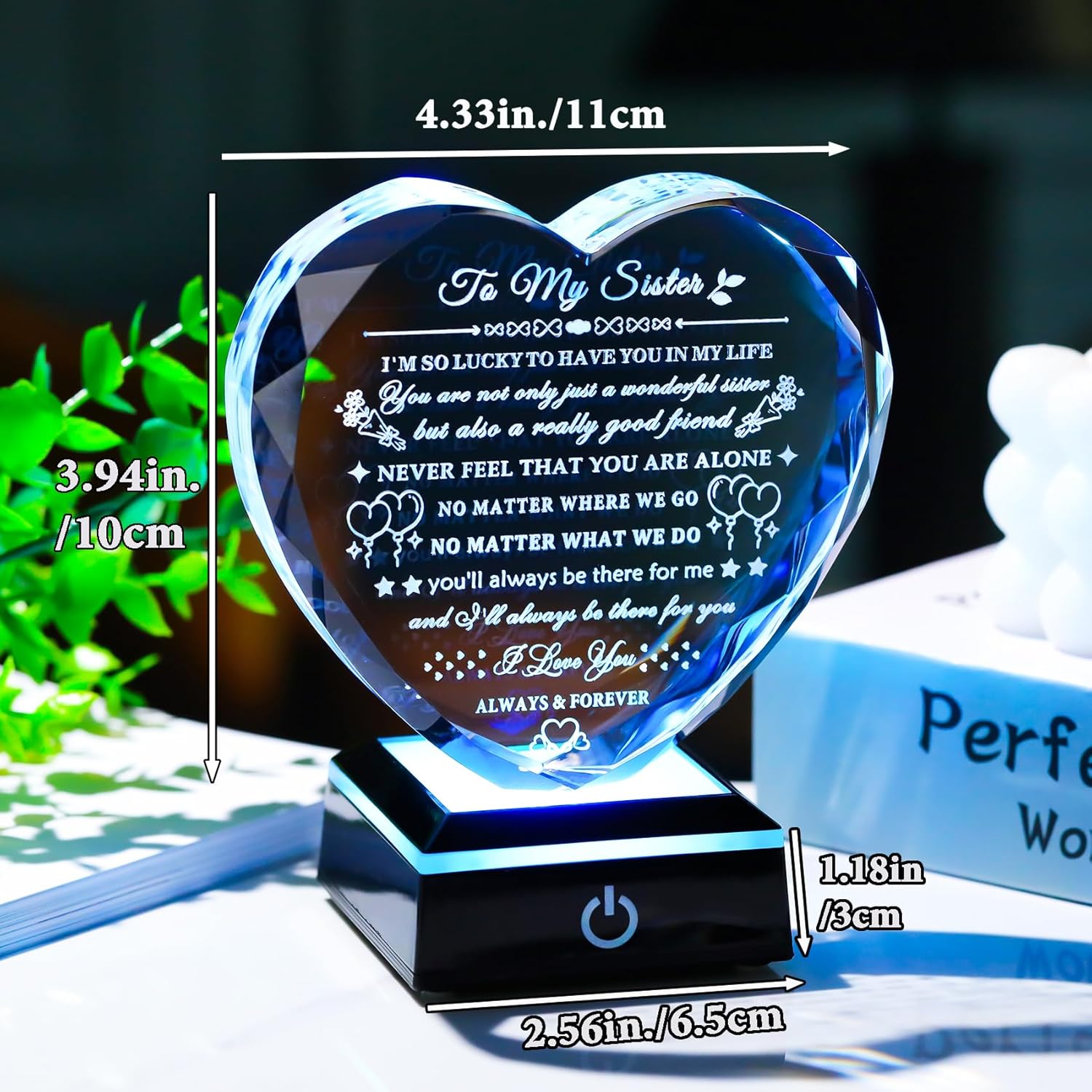 Sister Gifts from Sister Brother with Colorful LED Base Birthday Gifts Idea for Sisters Crystal Heart Keepsake Sisters Gift for Women for Christmas Mother's Day Valentines - Image 3