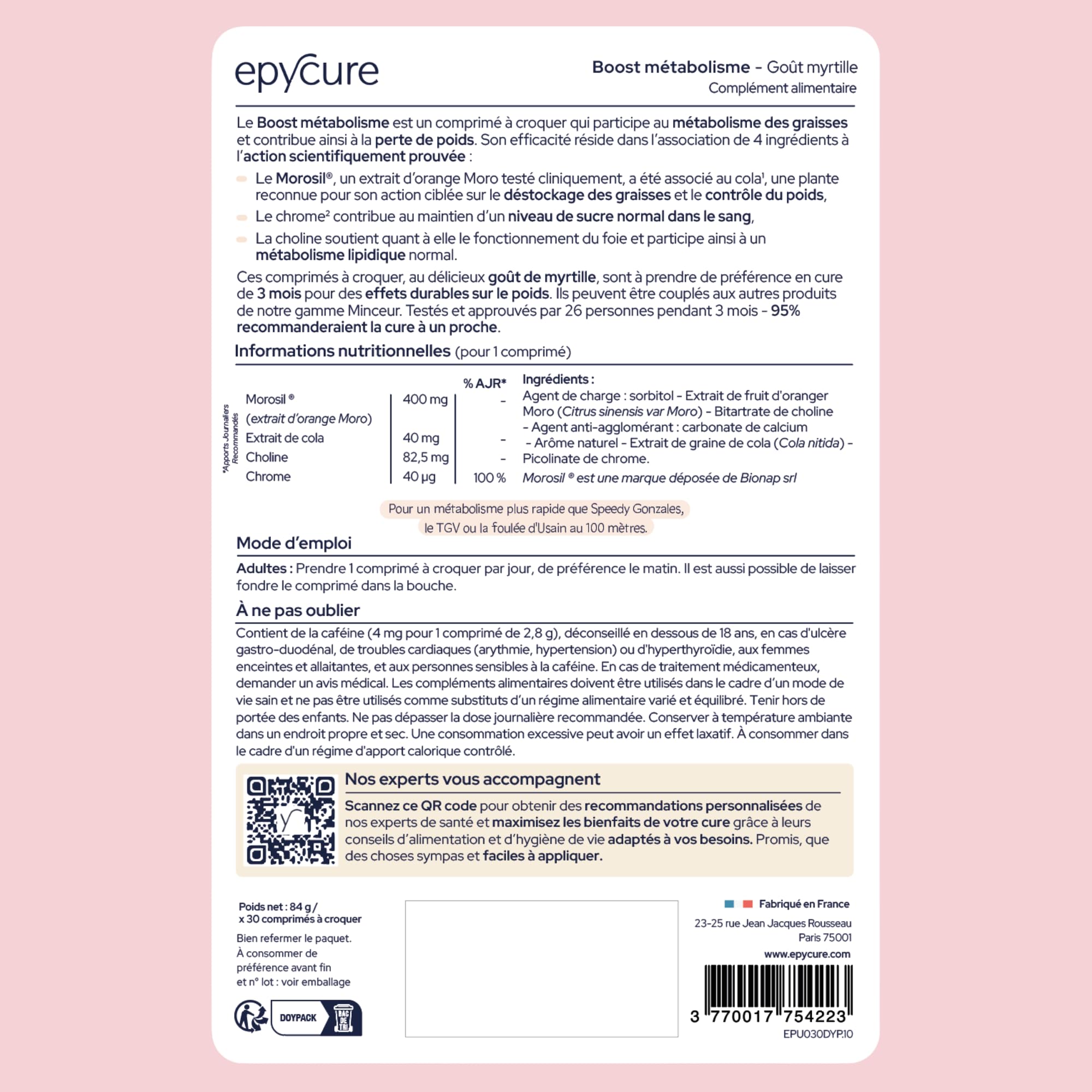 EPYCURE - Boost Méta Morosil 400mg Hautement Dosé - 87% Naturel - Équilibre Énergétique - Orange Moro, Cola, Chrome, Choline - Goût Myrtille - 1 Mois - Vegan