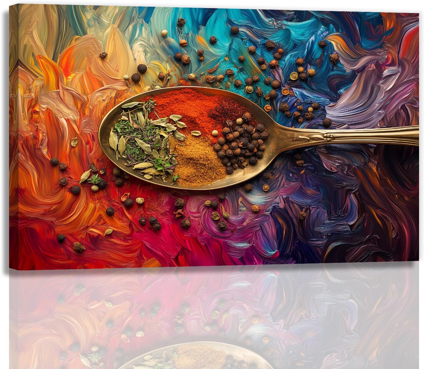Decoración de pared de cocina, especias coloridas, condimento en cuchara, impresión sobre lienzo, obra de arte contemporánea abstracta para