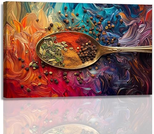 Decoración de pared de cocina, especias coloridas, condimento en cuchara, impresión sobre lienzo, obra de arte contemporánea abstracta para