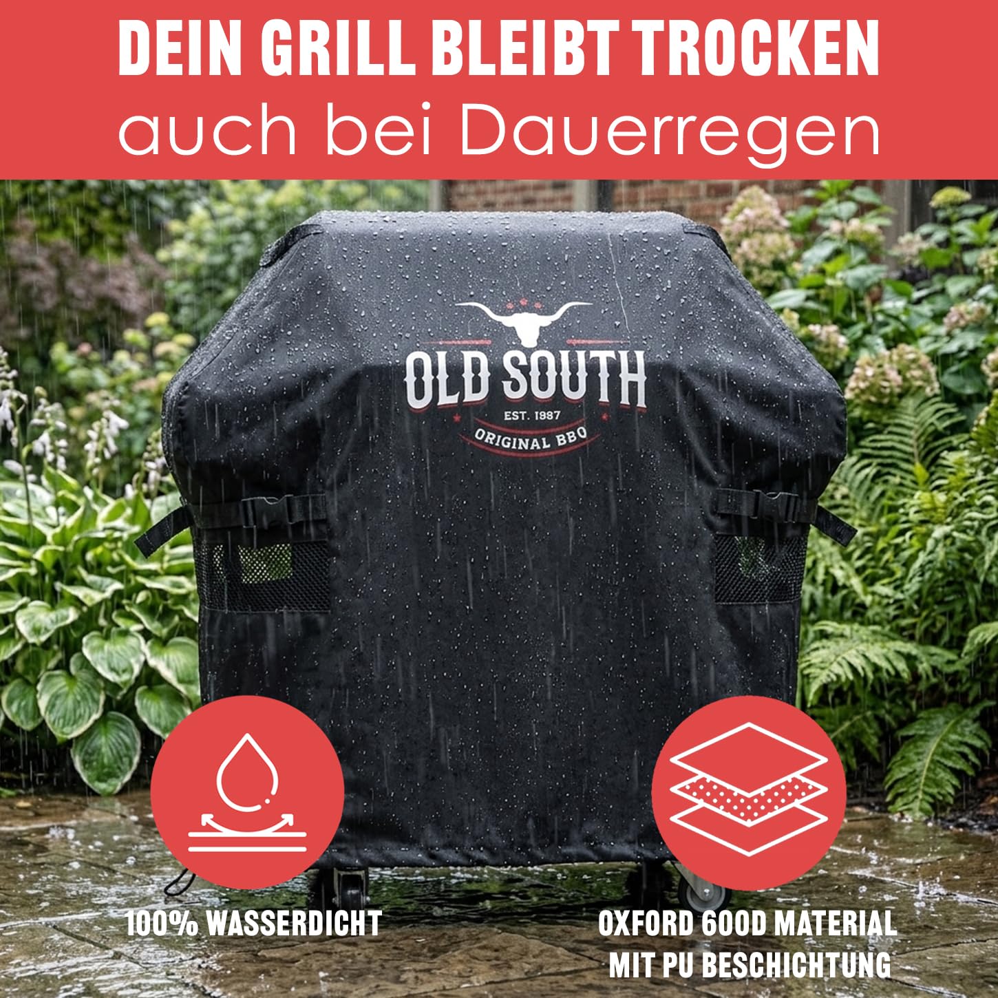 Old South - Grillabdeckung Wetterfest - Grill Abdeckhaube für Gasgrill | Für Weber, Napoleon, Enders, Rösle - Grillhaube Cover Wasserdicht (132 x 65 x 110 cm, Schwarz)