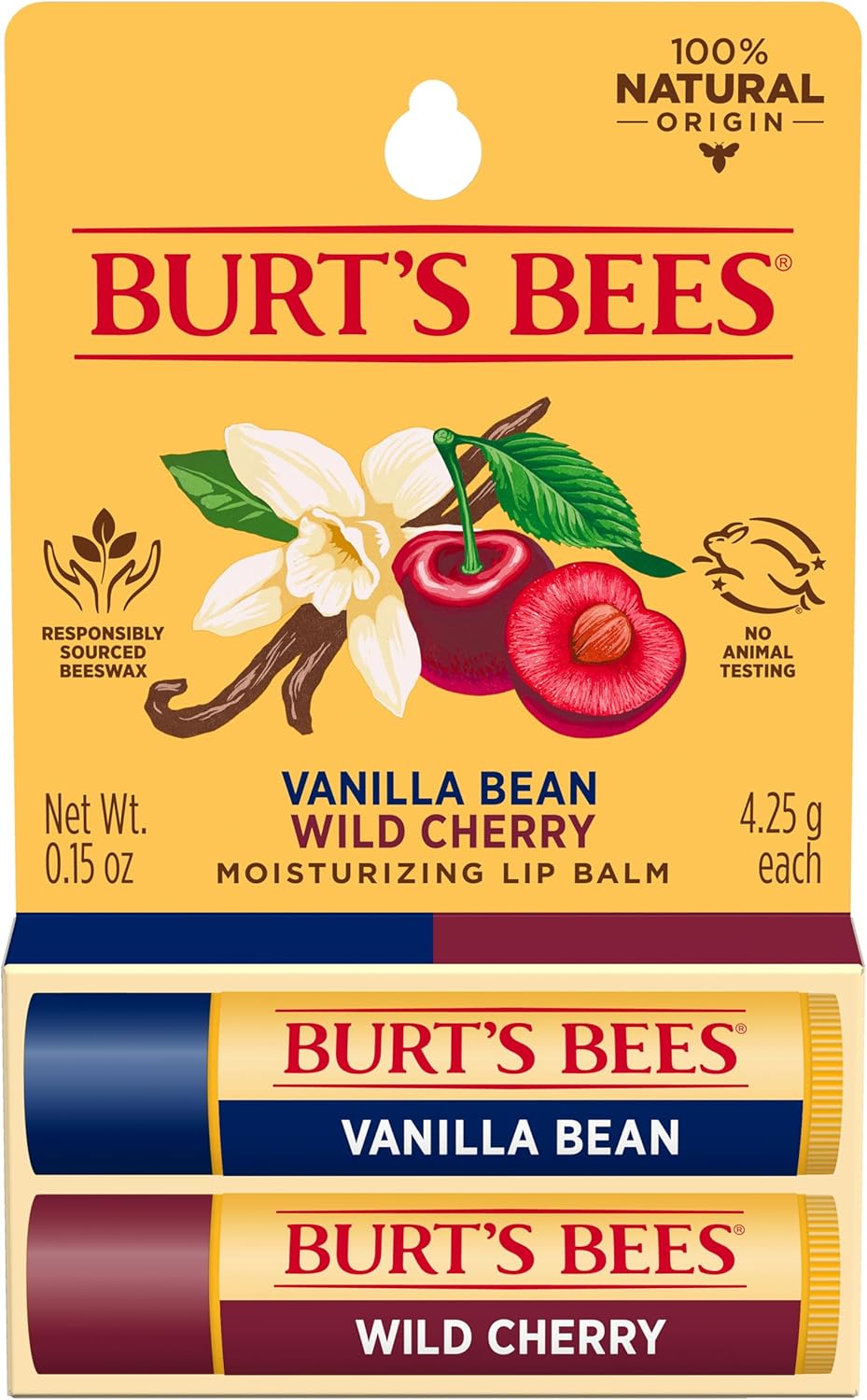 Burts Bees Wild Cherry and Vanilla Bean Moisturizing Lip Balm Twin Pack for Unisex 2 x 0.15 oz Lip Balm