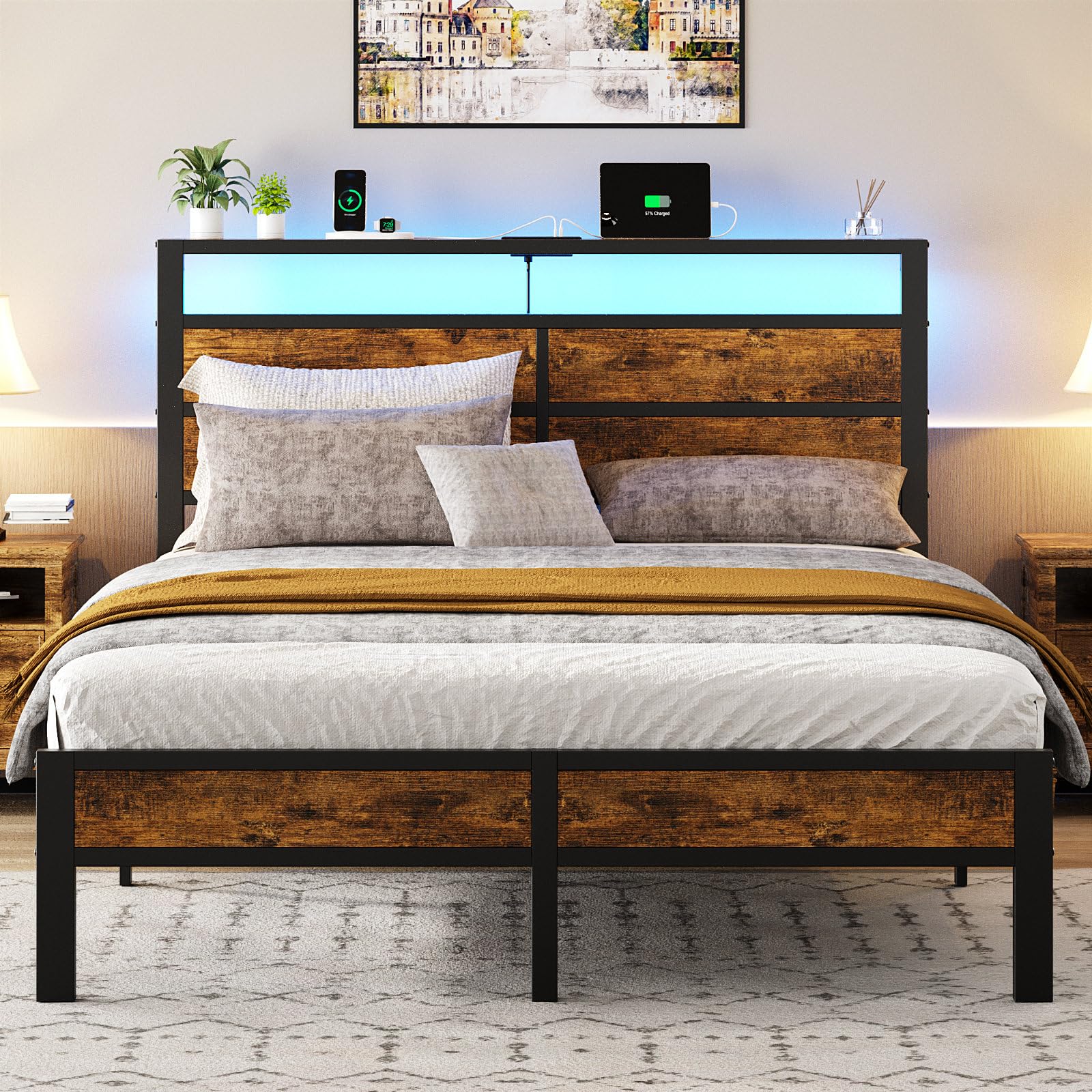Liians Queen Size Bed Frame with Charging Station Headboard and LED Lights