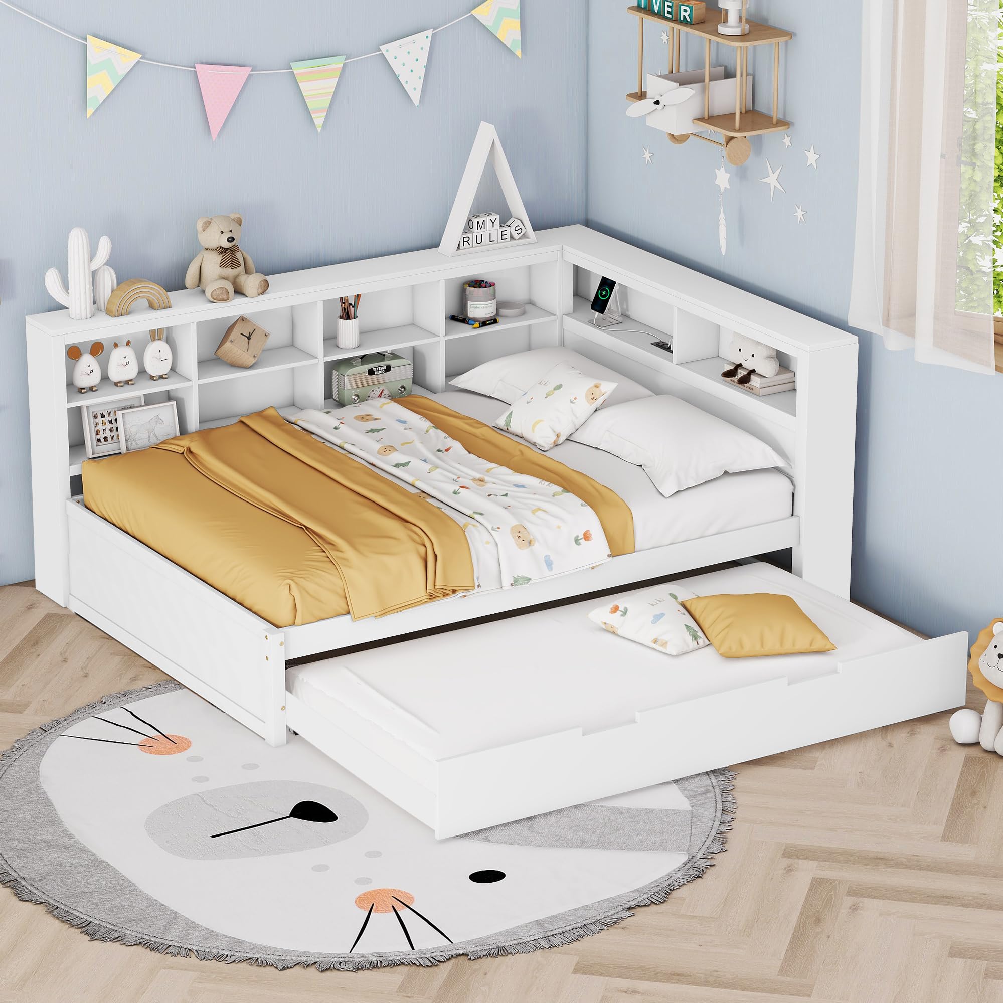Merax Children's Bed with trundle bed, USB ports, and storage in a child's room setting.