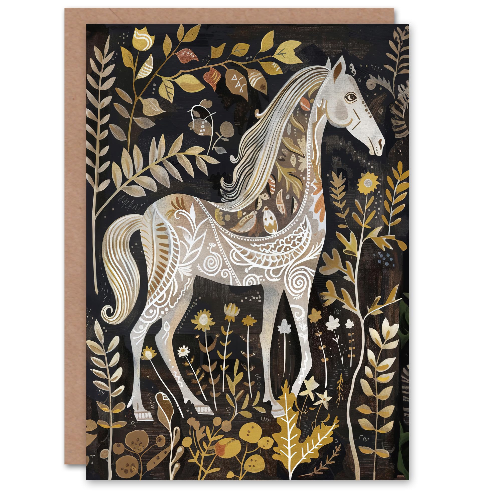 Artery8 Greeting Card Patterned Horse Woodland Forest Rustic Folk Art Blank For All Him Or Her Art Birthday Card