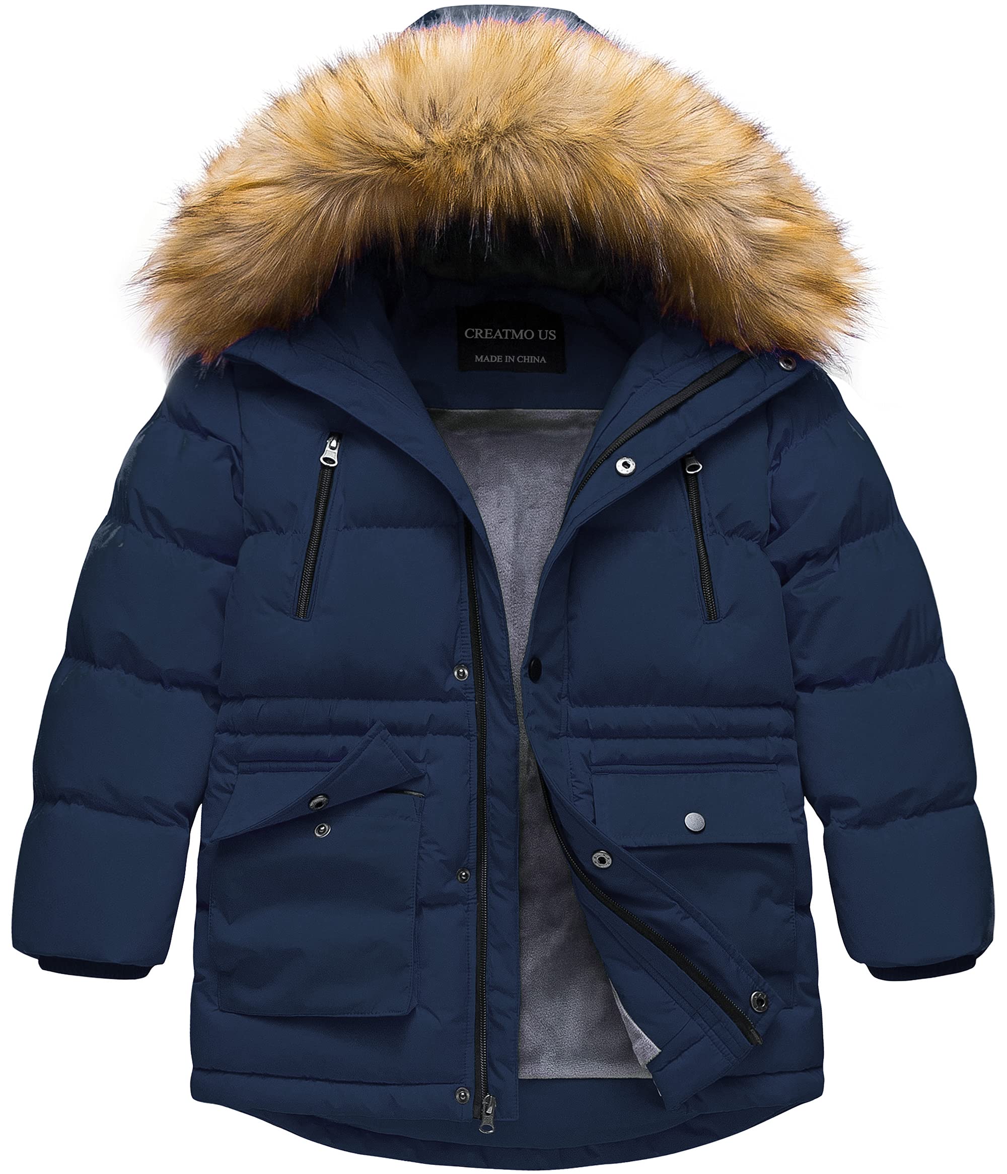 CREATMO US Boy's Winter Parka Water Resistant Hooded Puffer Fleece Lined Jackets Coats