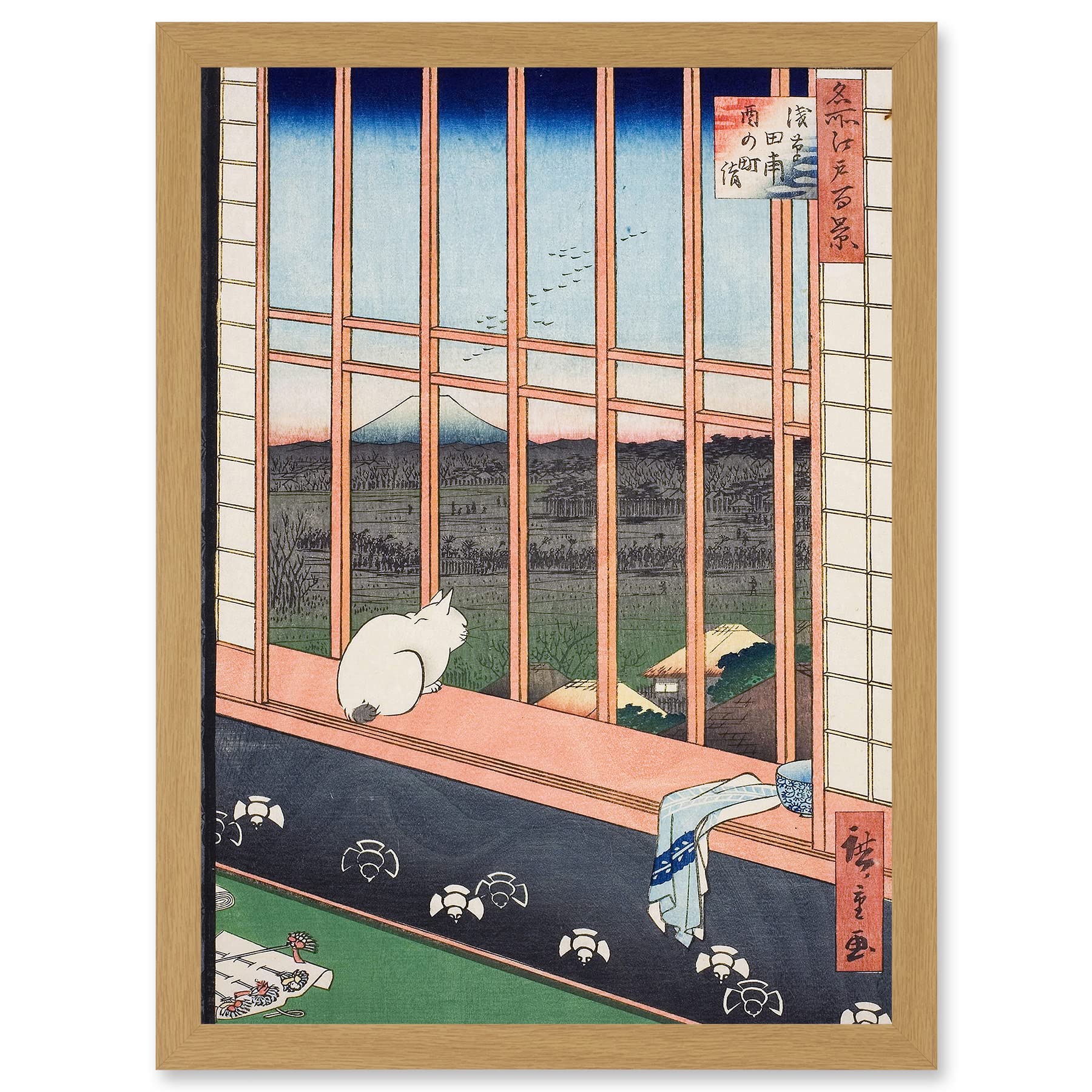 Artery8 Hiroshige Asakusa Fields 100 Views Edo Cat Vintage Japanese Painting Artwork Framed Wall Art Print A4