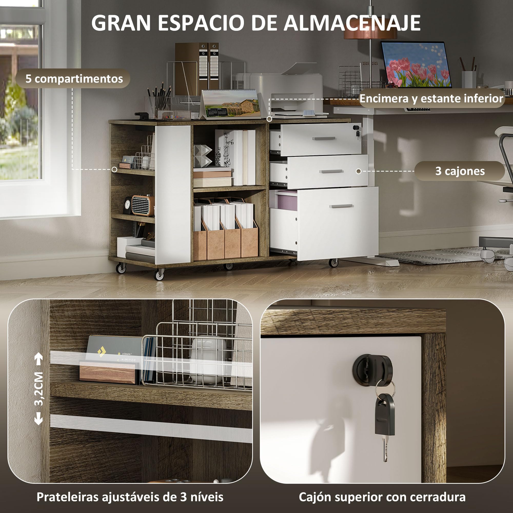 HOMCOM Cajonera de Oficina con Estación de Carga, Mueble Archivador con Ruedas, 3 Cajones, Barra Colgante, Cajonera para Escritorio con Cerradura, Estantes para Carta, A4, Legal, Marrón Grisáceo