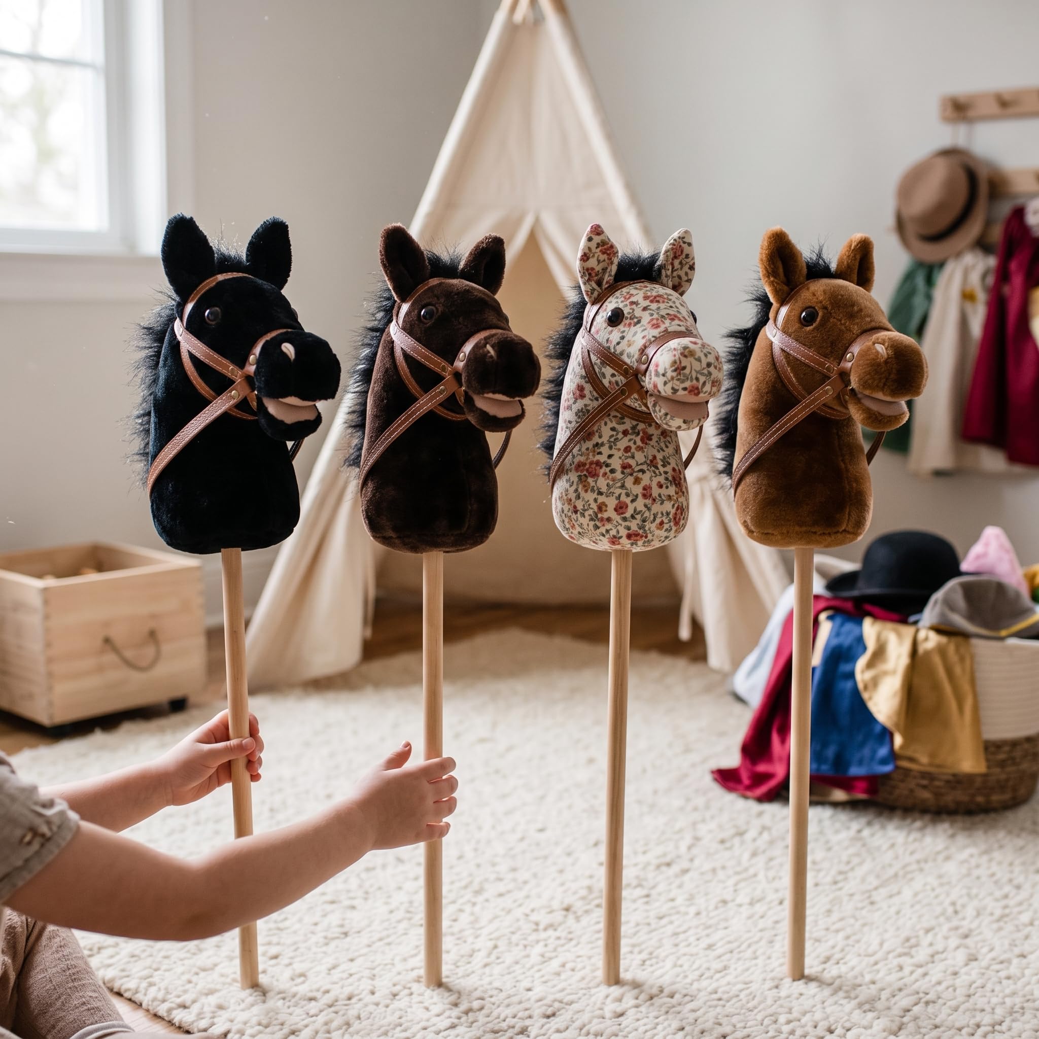 Hobby Horse Pferde für mit Soundeffekten, 100cm Steckenpferd zum Reiten, Schwarz, 100cm Hufeisengeräusch+Pferdegeräusch+Cowboy-Lied Nicht abnehmbar