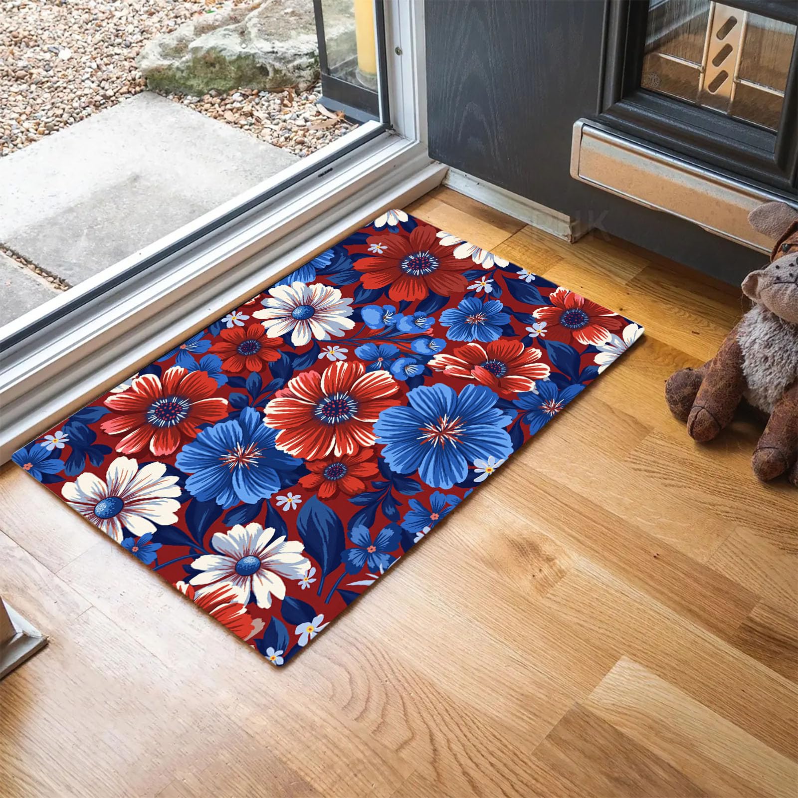 Paillasson absorbant antidérapant à profil bas 80 x 120 cm à motif floral rouge