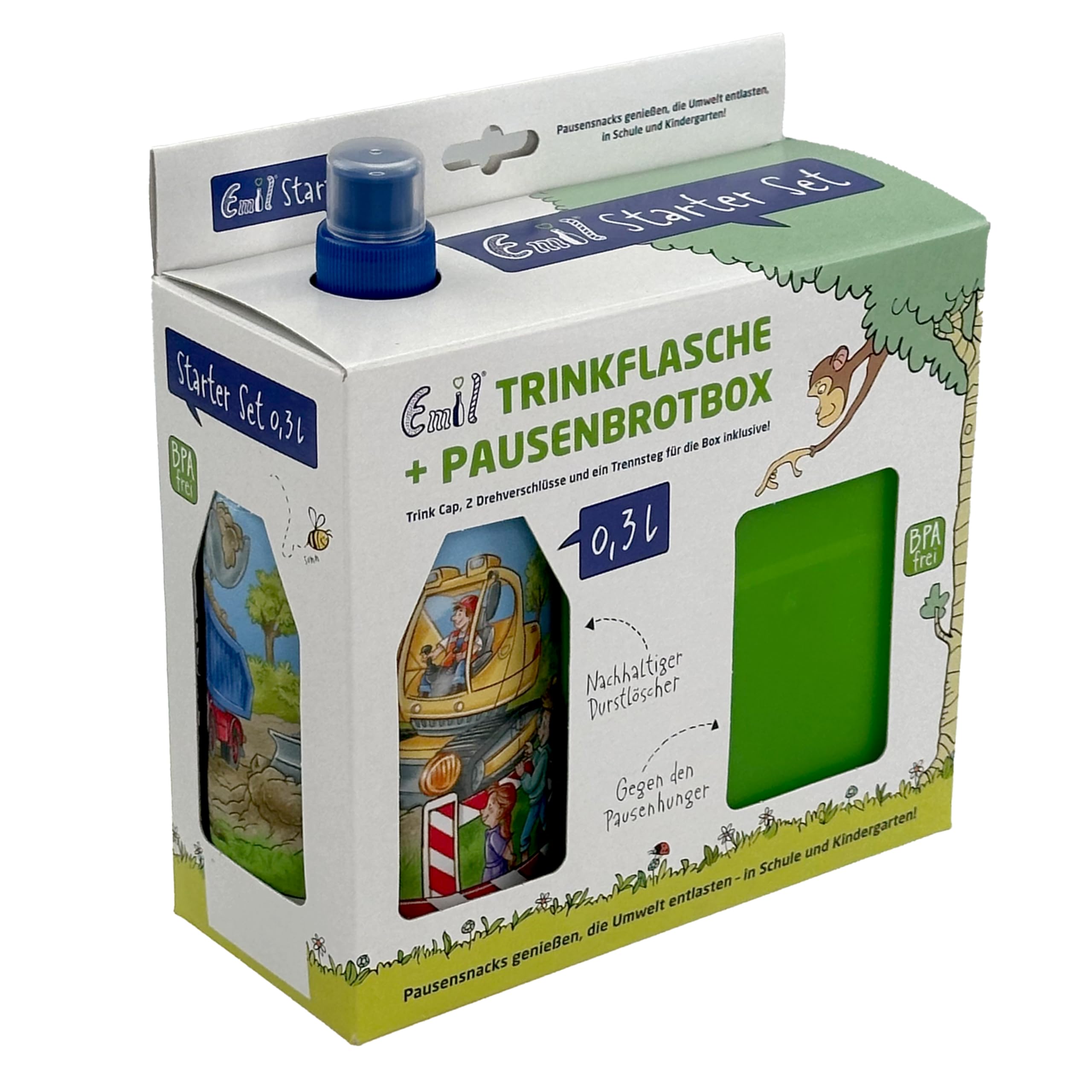 Emil Glas Trinkflasche Starterset 0,3l Bagger – mit Brotbox & 3 Verschlüsse, isolierte Kinderflasche für Kita, Kindergarten & Schulstart, schadstofffrei
