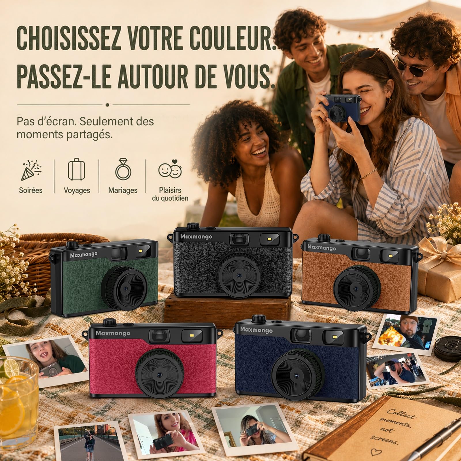 Maxmango D53 Appareil Photo Vintage sans Écran, Appareil Photo Numérique Rétro 12 MP, Filtres DIY à Télécharger, Transfert USB-C, Carte SD 8 Go Incluse (Rose)