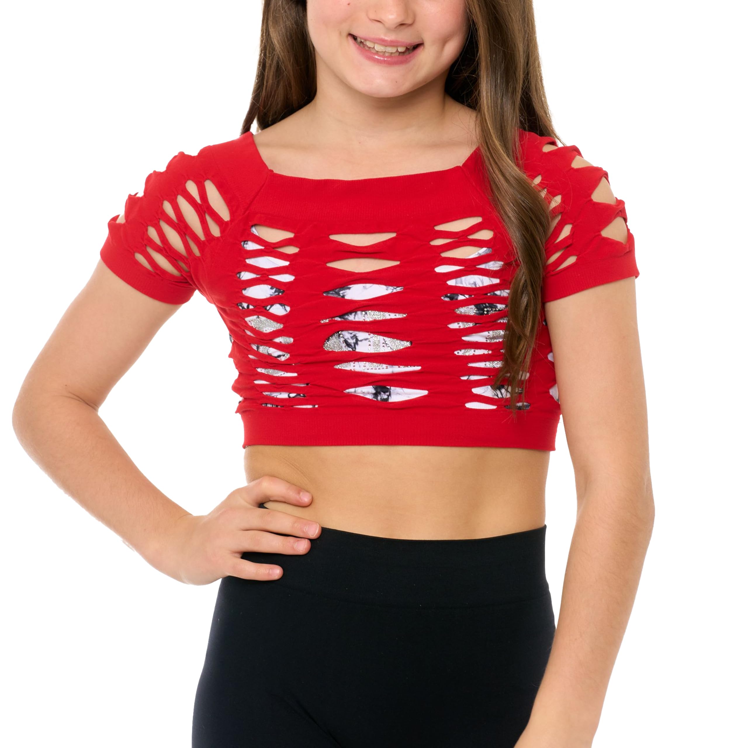 Malibu SugarGirls Neon Fishnet Crop Top Shirt - Short Sleeve Sheer See Through Mesh Tops Perfect for Dance (Fits Ages 10-14)
