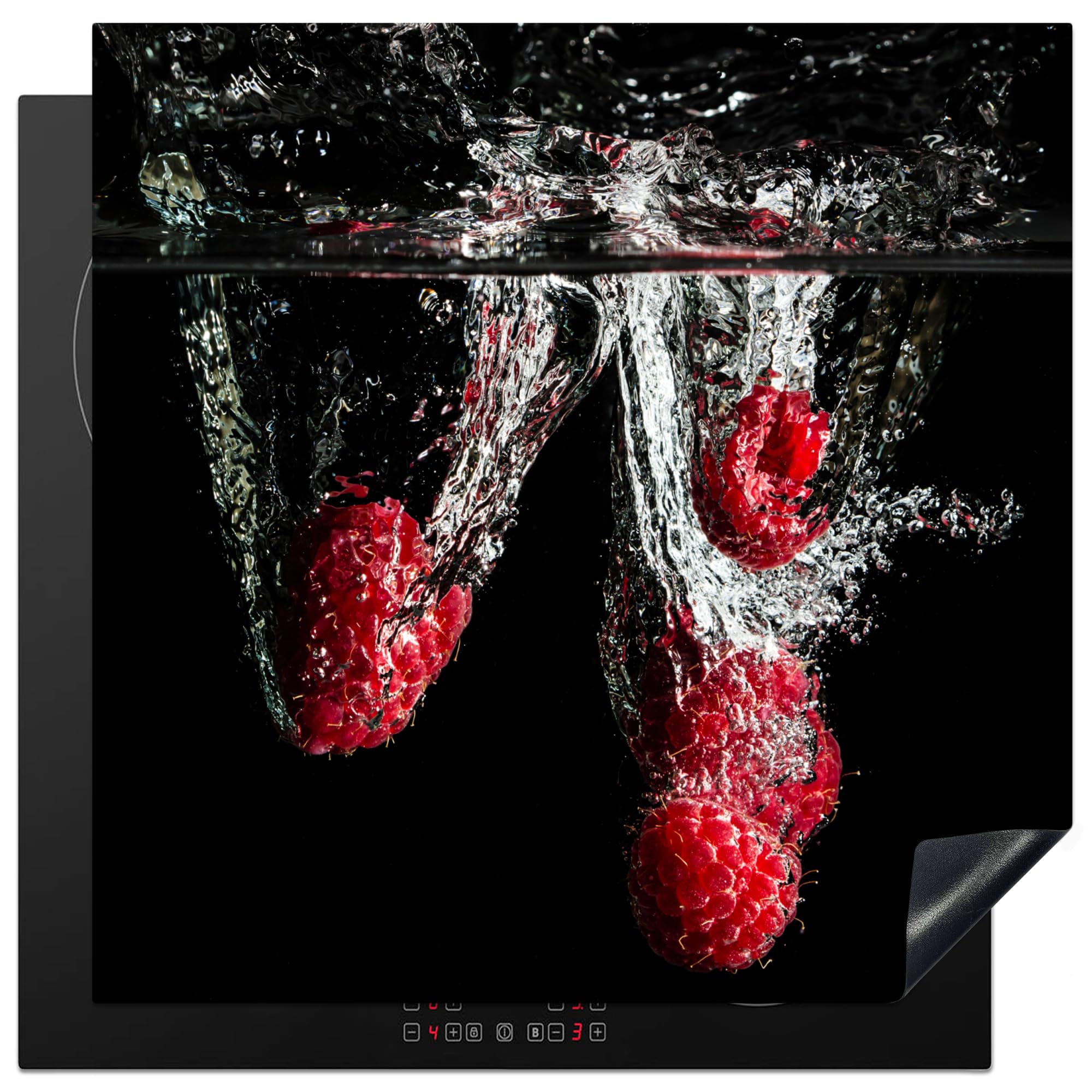 KitchenYeah© Induction Hob Protector Mat 30.7"x30.7" / 78x78 cm Cooker Top Protectors Cover Ceramic Covers Electric Hobs Vinyl Raspberries - Fruit - Still Life - Water - Black - Red