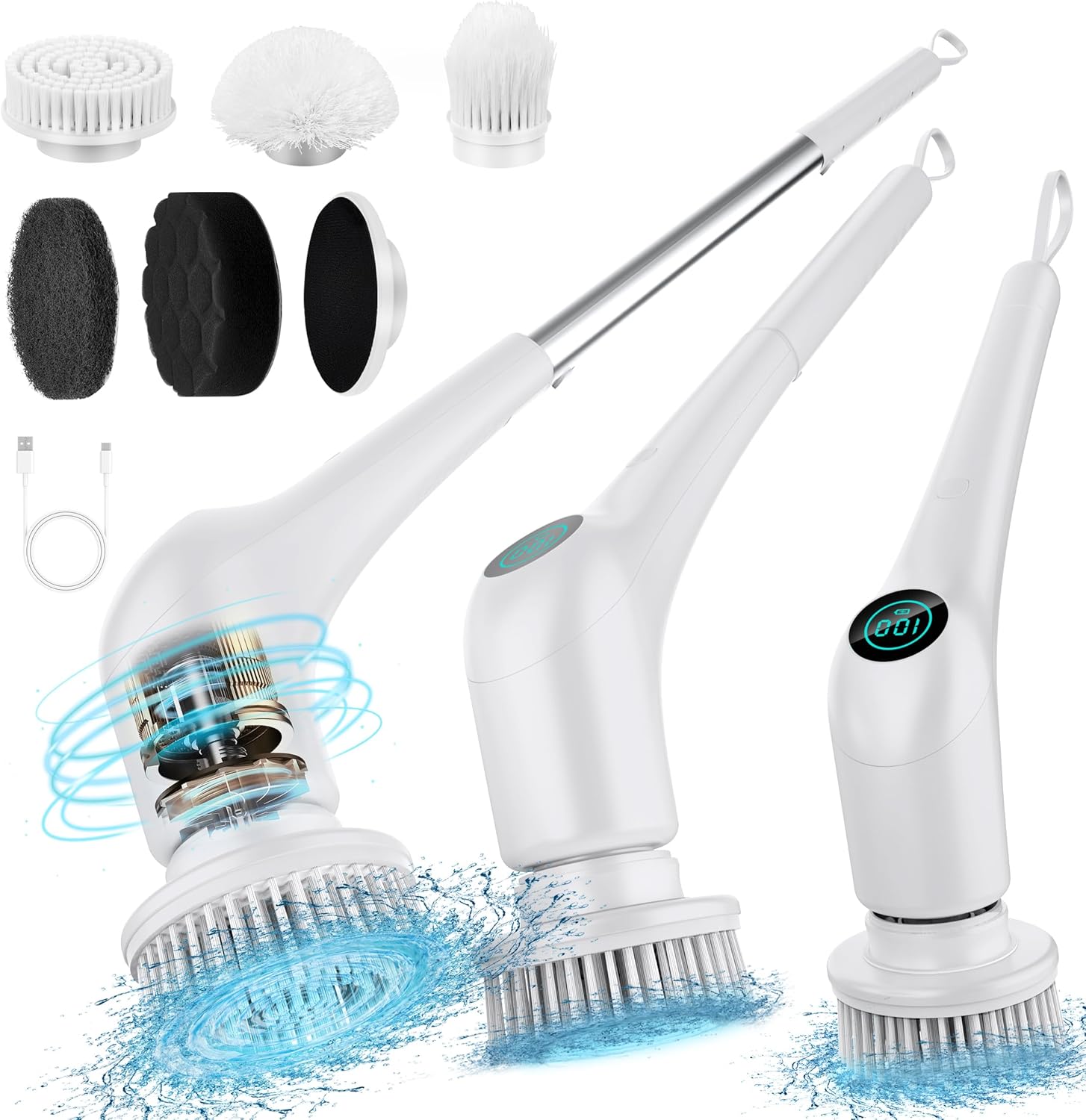 Limpiador eléctrico giratorio  Limpiador de ducha para bañera, cepillo de limpieza de baño, cepillos de piso con mango largo, limpiador automático