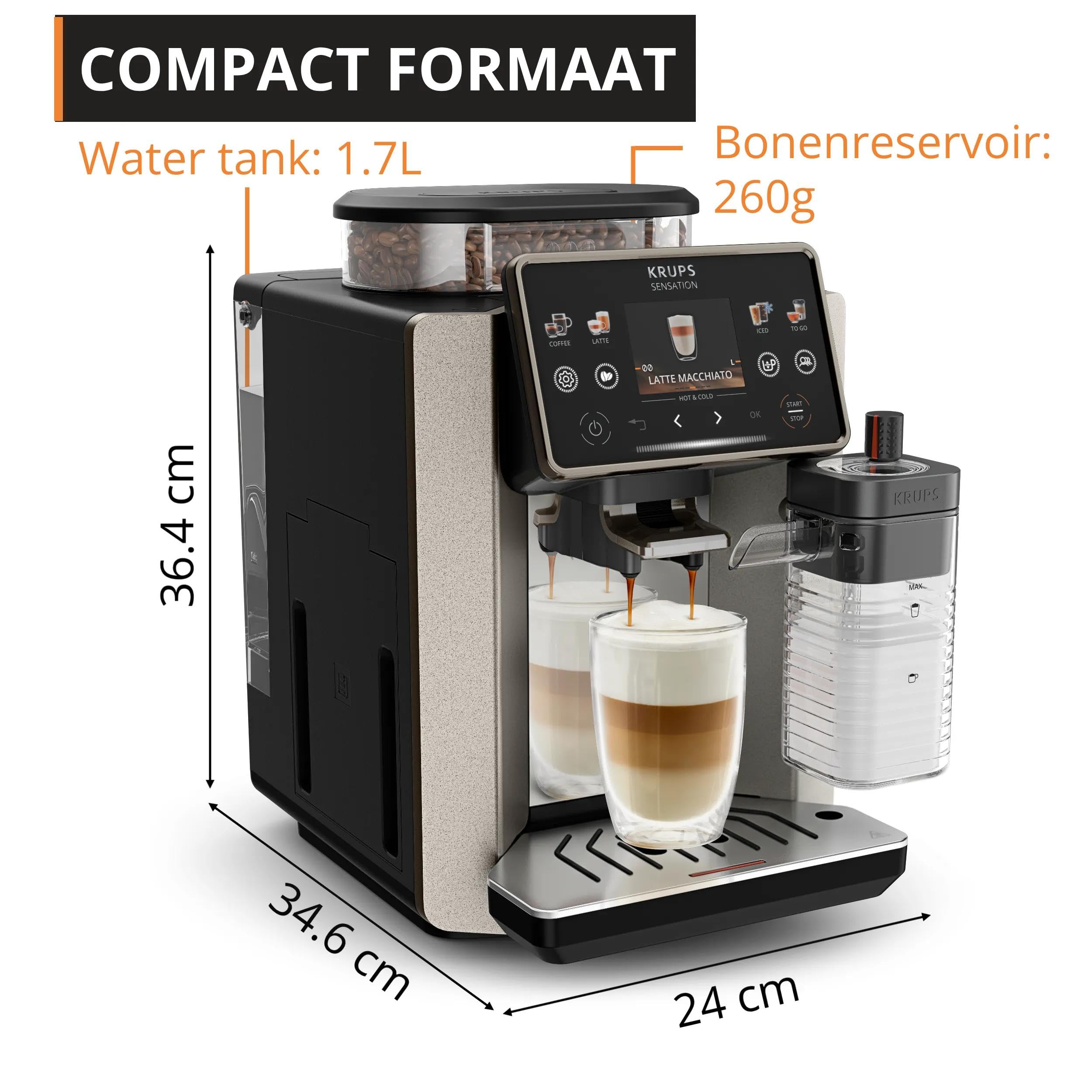 Krups Sensation Elite automatyczny ekspres do kawy, 24 gorące i zimne napoje, ekran 2,8", technologia Milk Maestro, technologia Cold Brew Arome, możliwość spersonalizowania ulubionych, Silver Premium