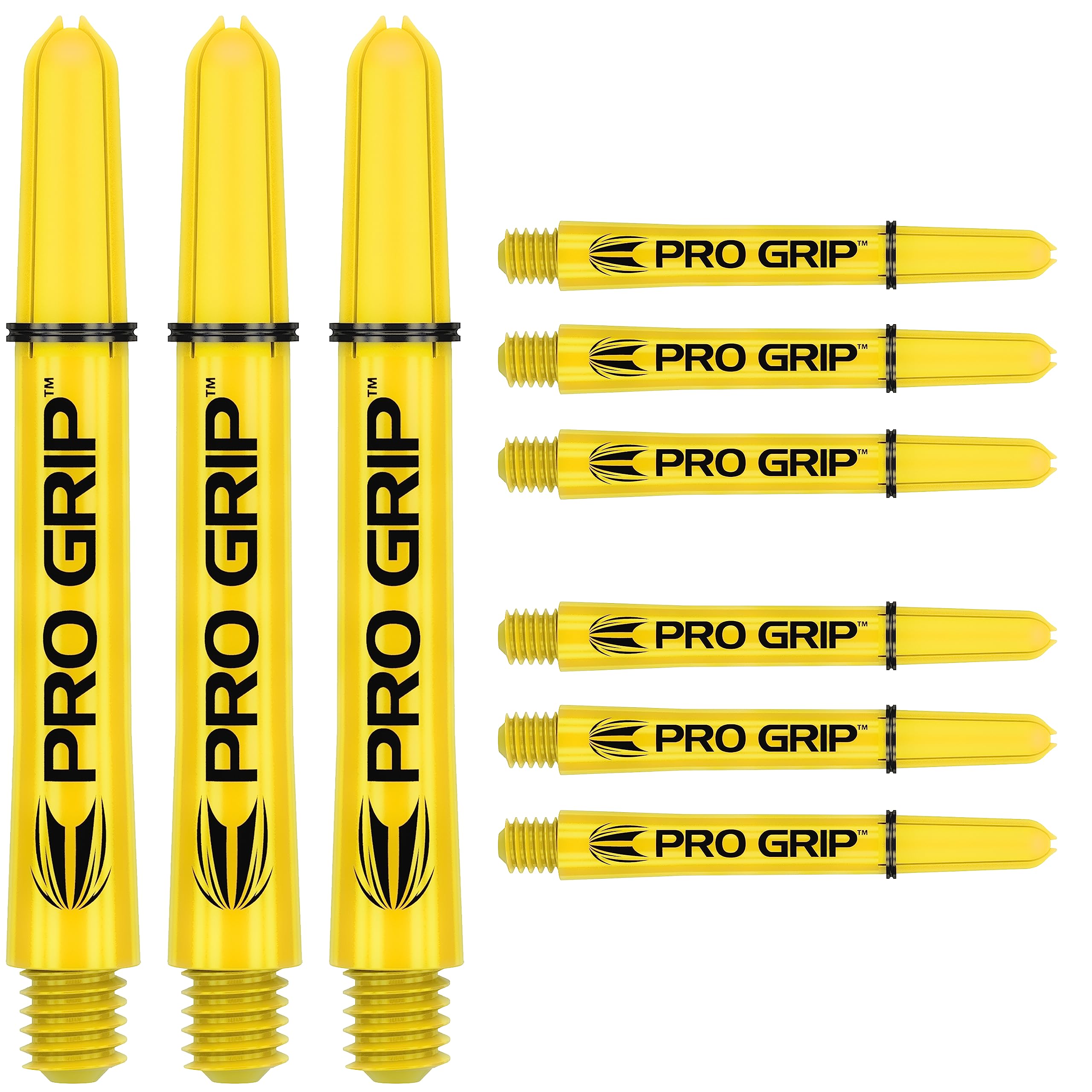 Target Darts Pro Grip Shafts – Set of 9 | 3 Sizes (Short, Intermediate, Medium), 12 Colours | Dart Stems, Professional Darts Accessories, 2BA Shaft Multipack with Rings