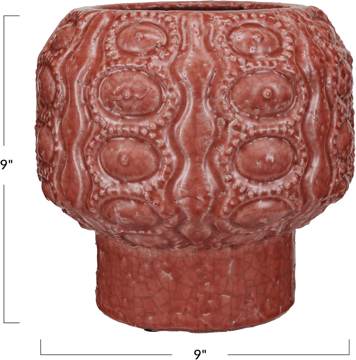 Embossed Coral Terra-Cotta Footed Planter with Crackle Glaze