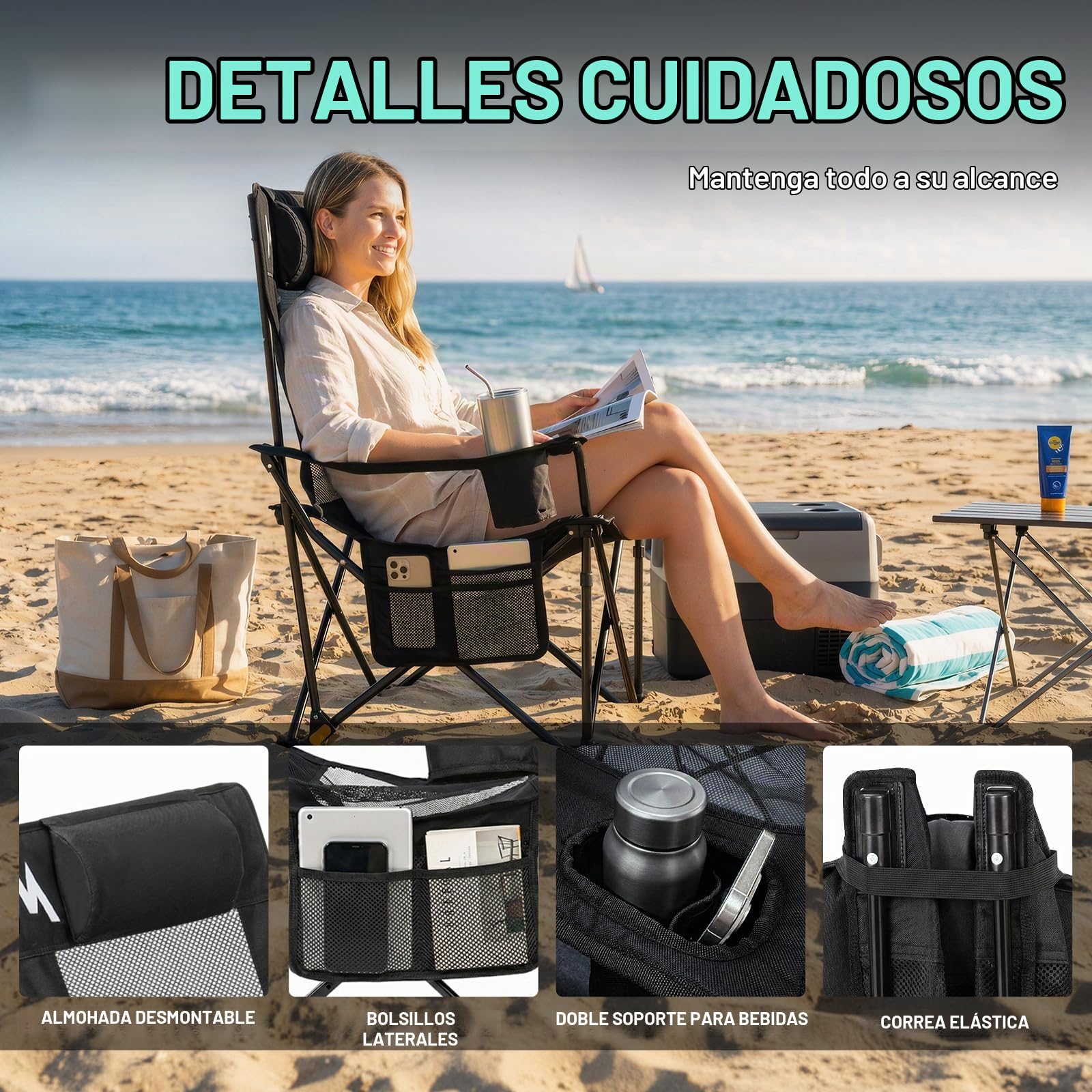 OVERMONT Silla de Camping Plegable - 2 en 1 con Reposapiés, Respaldo Ajustable 4 Posiciones - Silla Reclinable hasta 136 kg, con Reposacabezas y Bolsa - para Camping, Playa, Jardín y Pesca