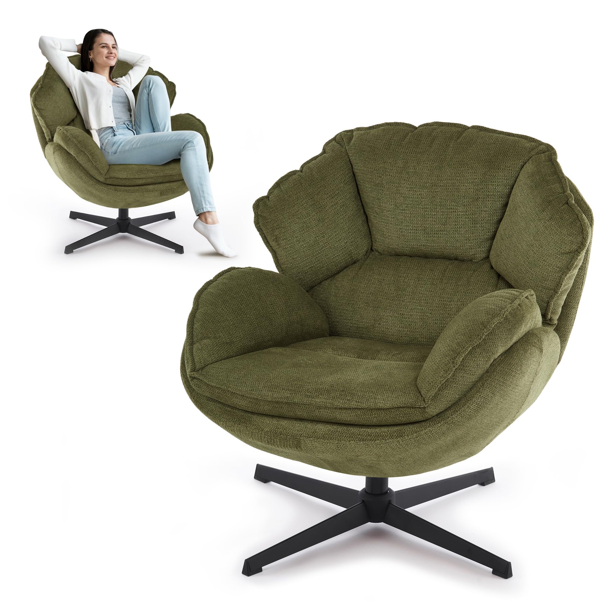 IWMH Sessel Wohnzimmer 360°Drehbar, Loungesessel Schlafzimmer, Polsterstuhl mit Breiter Sitzfläche, Ohrensessel mit Metallbeinen, Relaxsessel Lesesessel für Wohnzimmer Schlafzimmer Büro (Grün)