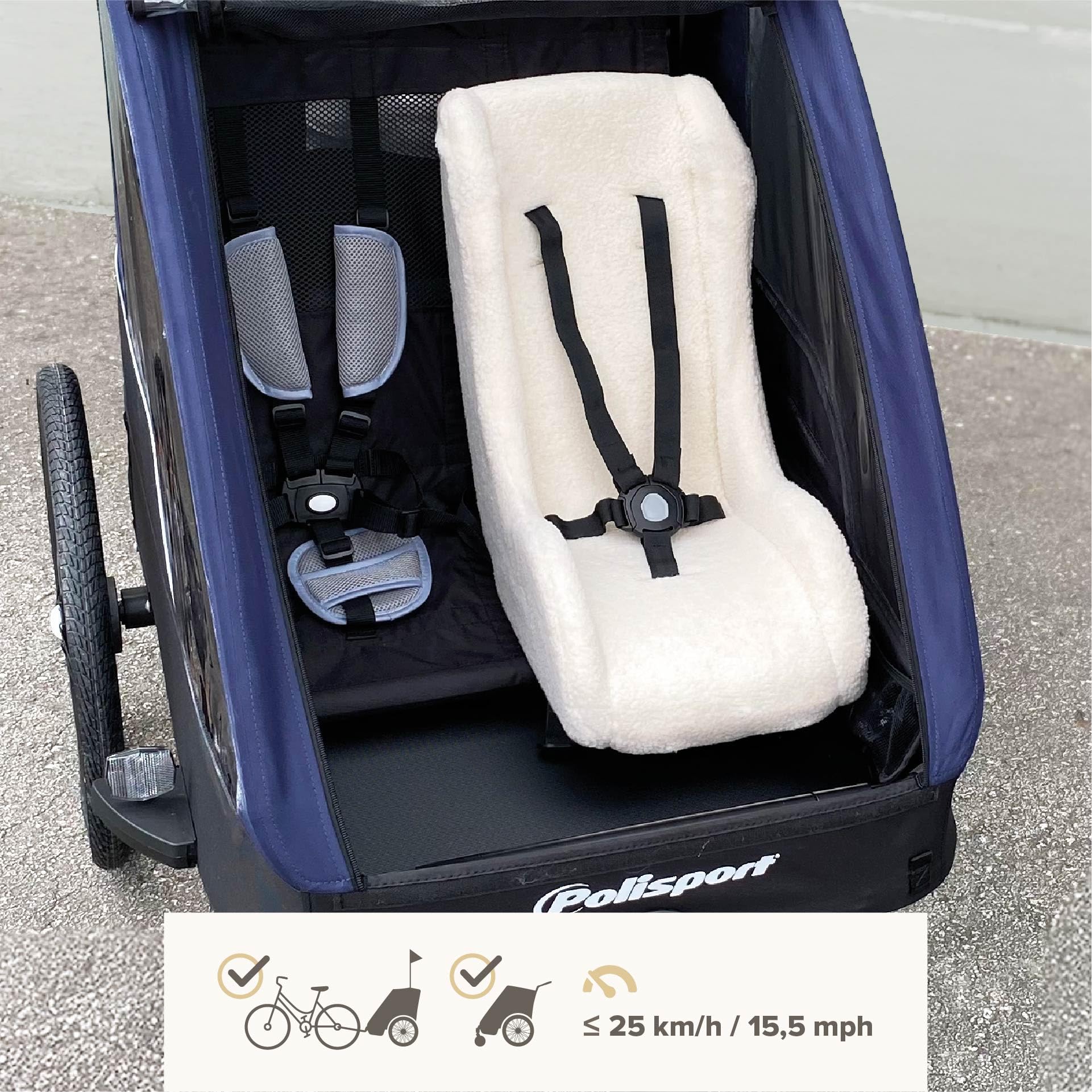 POLISPORT 8015000021 - Mini Pelican Forro Polar Reductor Asiento Bebé con Arnés 5 Puntos para Remolque, Cochecito y Bicicleta Cargo – Cálido, Seguro y Compatible para Niños de 7 a 18 Meses, Blanco