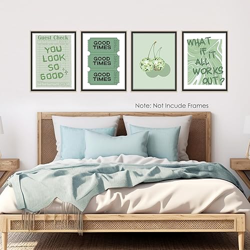 Miniatura 4 de BESERH Funky Trendy - Juego de 4 pósteres verdes de moda, preppy retro Y2K, bola de disco de cereza inspiradora, impresiones artísticas de pared