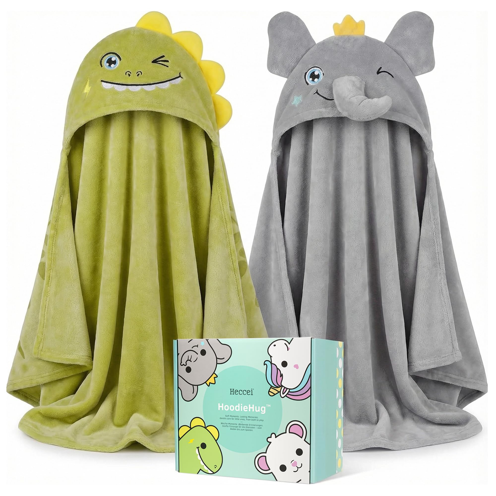 Heccei Dinosaur And Elephant Hooded Towel For Toddlers Extra Large 140X70 Cm Kids Bath Towel With Hood, Premium Soft & Absorbent Baby Towel For Swimming Beach After Bath