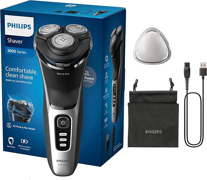 Philips Serie 3000 Afeitadora Eléctrica Hombre, Máquina de Afeitar Barba con Cortapatillas, 27 cuchillas, Cuida la piel, 60min de uso, En Seco y Húmedo, Recargable, Funda, S3241/12, Gris