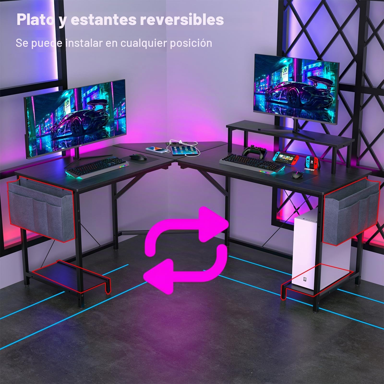 Mesa Gaming, 135-160cm Escritorio de Esquina Gaming, Escritorio de Gaming con 2 Enchufes y 2 Puertos USB, Mesa Gamer en Forma de L con Soporte para Monitor, Gancho Auriculares