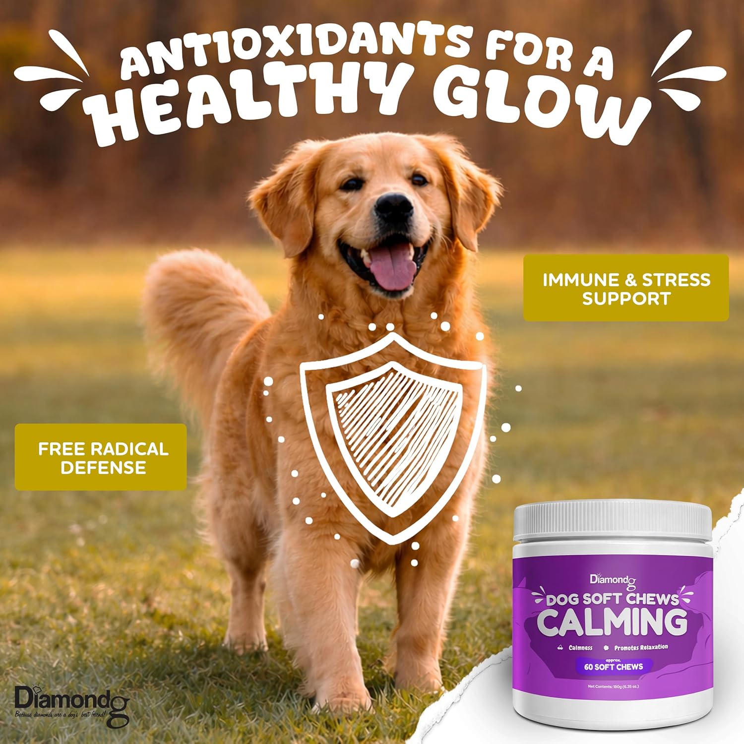 Diamondg Calming Chews for Dogs with L Theanine, 60ct – Calm and Confident Chews for Small and Large Dogs, Dog Gummies Supplements for Relief of Separation Anxiety, Composure, Fireworks, Grooming