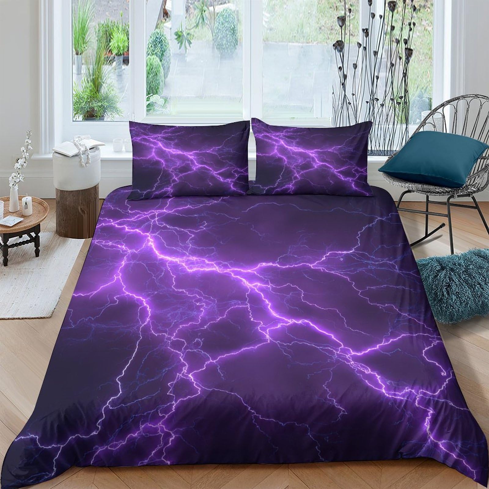 Ctjqhvkz Style-10 3D Printed Purple Lightning Fitted Sheet Microfiber Soft Bedroom Decor Storm Bed Cover Anti-Slip Washable Single（135X200cm）