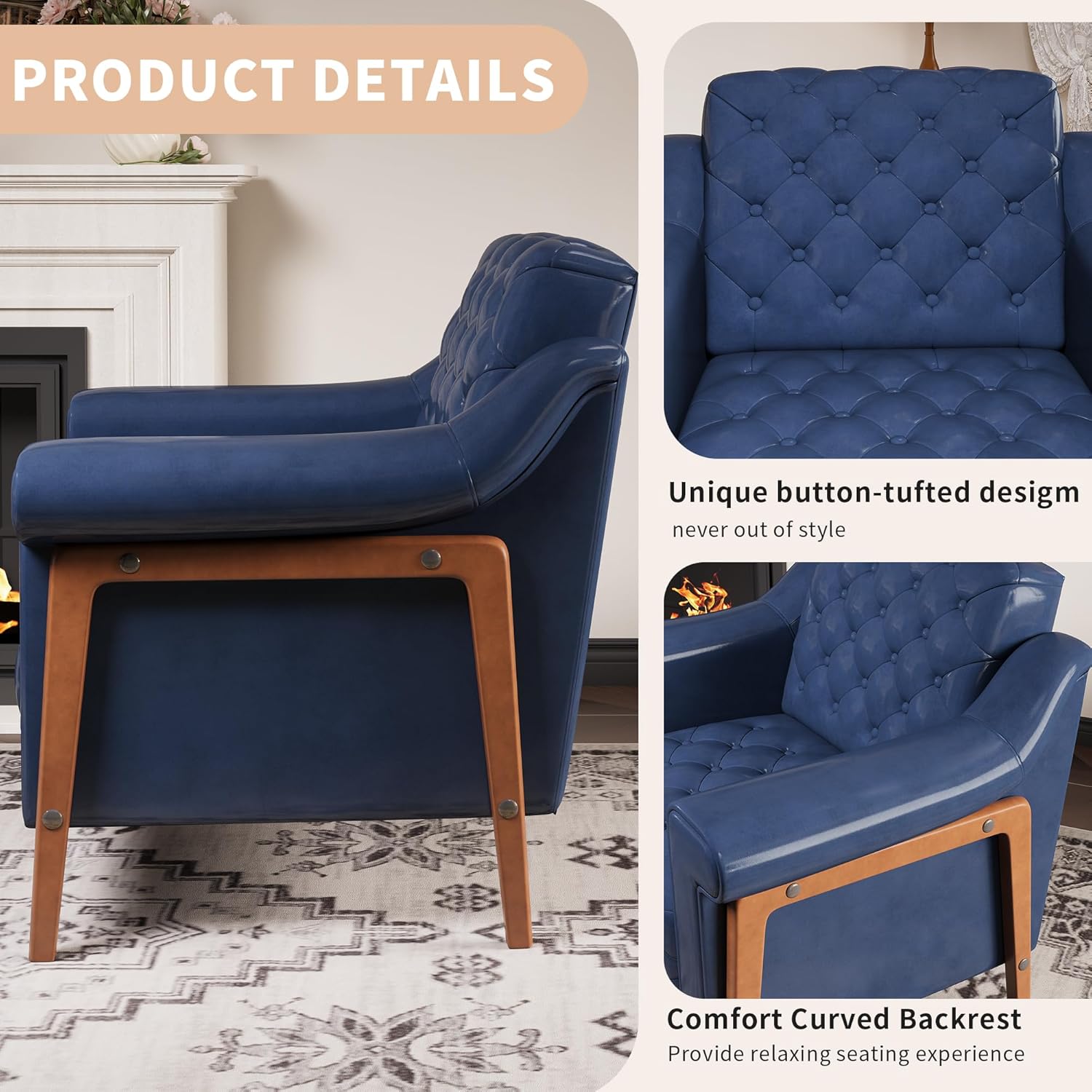 EJUNQ Cozy Accent Chair，PU Leather Modern Living Room Chairs，Mid-Century Office Reading Chair，Single Sofa，Armchair for Bedroom, Apartment, Waiting Room(Dark Blue)