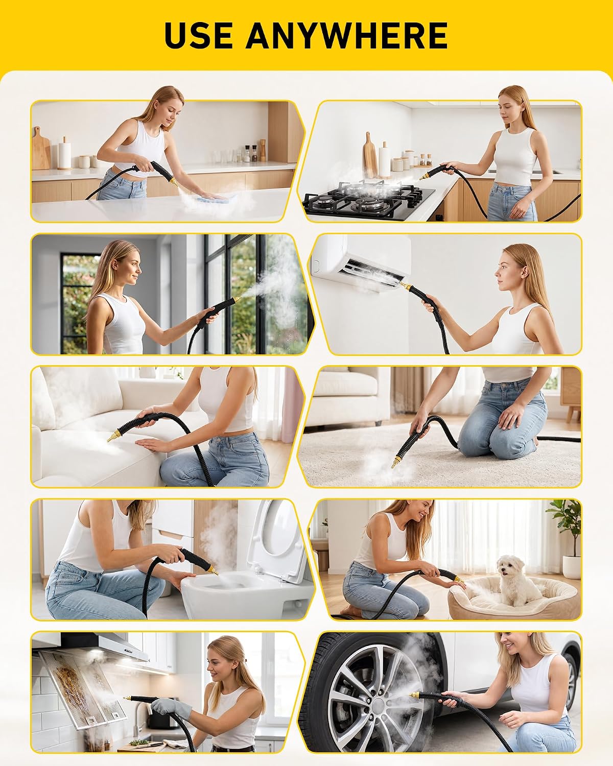 Handheld Steam Cleaner, 2000W (MAX) 6-Level Adjustable, 15s Quick Heat-Up & 45PSI High-Temp, Multi-Surface for Tile, Grout, Kitchen, Bathroom, Car Detailing & Grease, Perfect for Labor Day