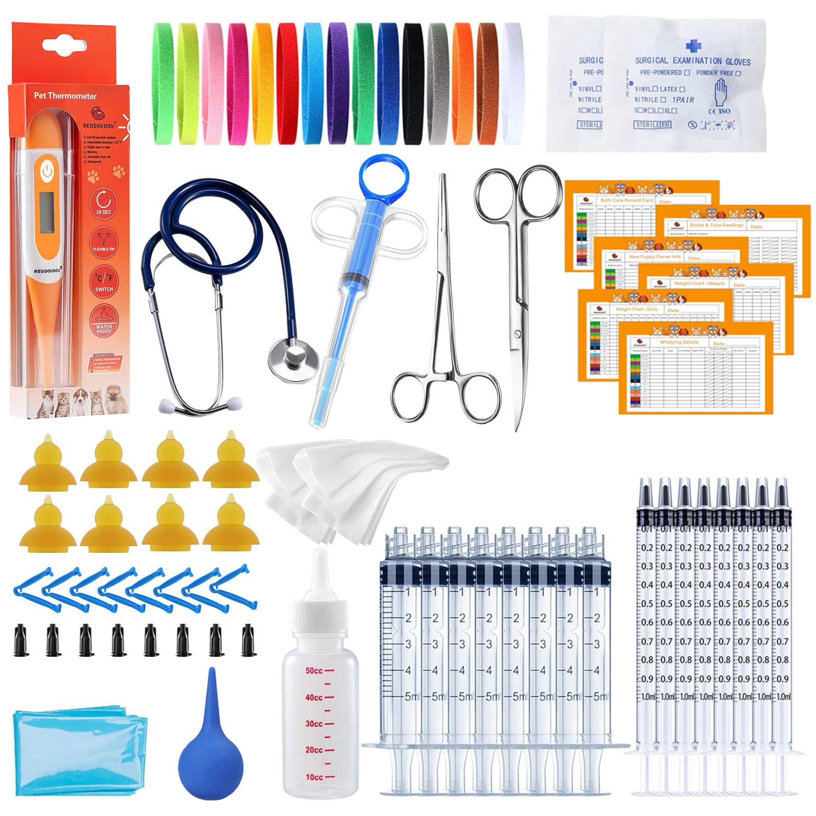 REDDOUDOU 65 Pcs Deluxe Whelping Kit, Delivery of Kitten and Puppy Whelping Kit with Feeding Nipple Stethoscope Aspirator Puppy ID Bands etc Complete