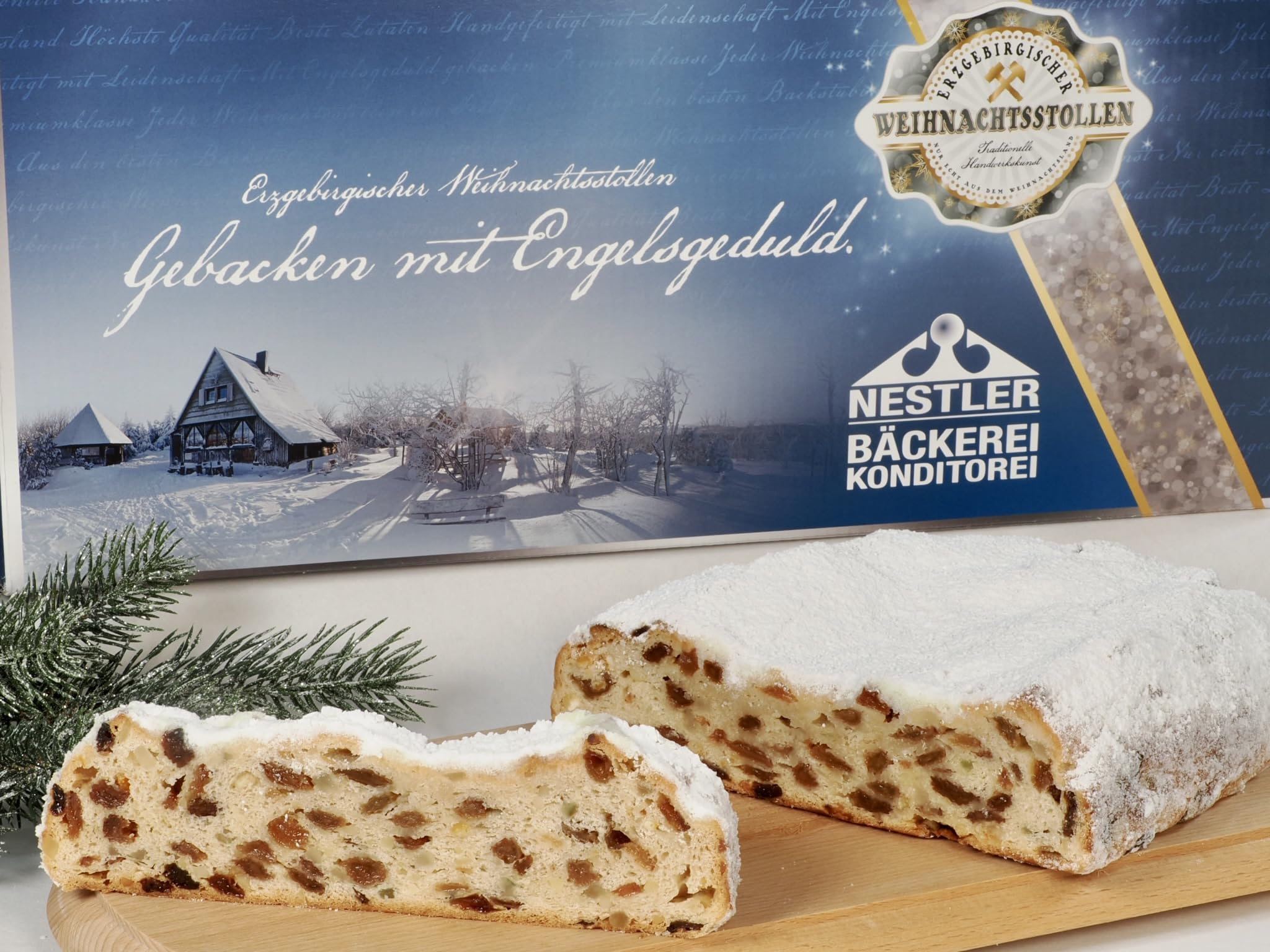 Bäckerei Nestler I erzgebirgischer Butter Rosinenstollen I 1 kg I Christstollen im Geschenkkarton vom Handwerksbäcker aus Sachsen