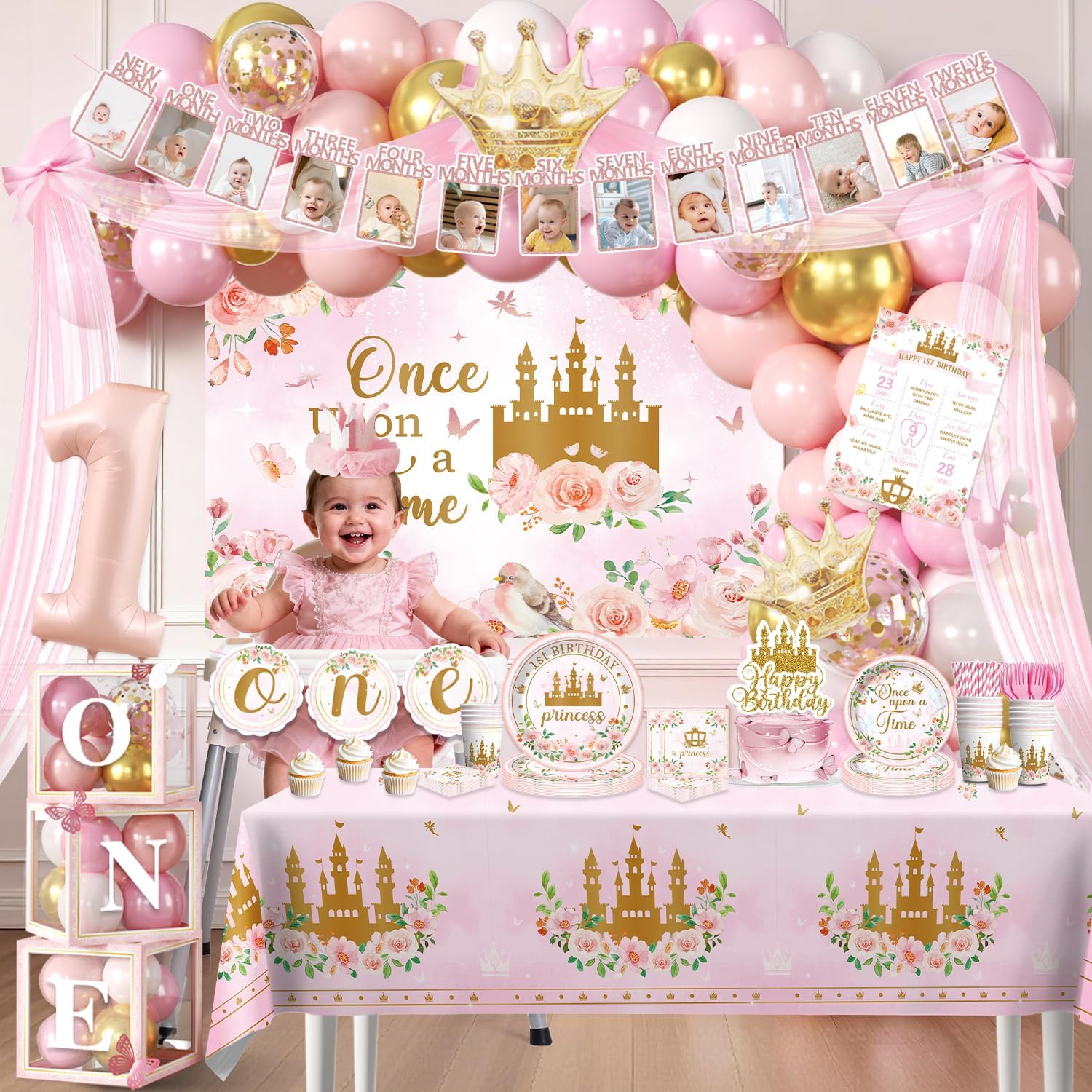 258 PCS Princess First Birthday Decorations, Once Upon A Time Birthday Party Pack Serves 25, with Balloon, Banner, Backdrop, Plates and Napkins, for Girl's First Birthday
