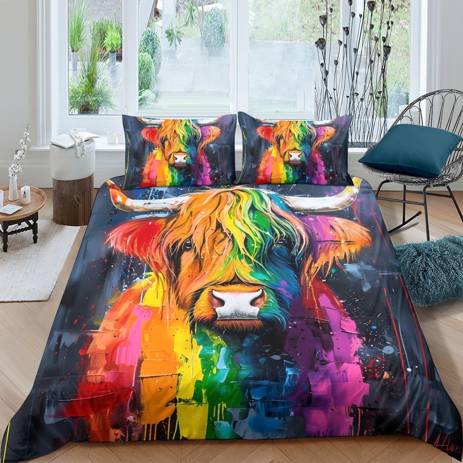 Ctjqhvkz Style-9 3D Printed Rainbow Highland Cow Fitted Sheet Microfiber Soft Colourful Mattress Cover For Bedroom Dorm Decor Single（135X200cm）