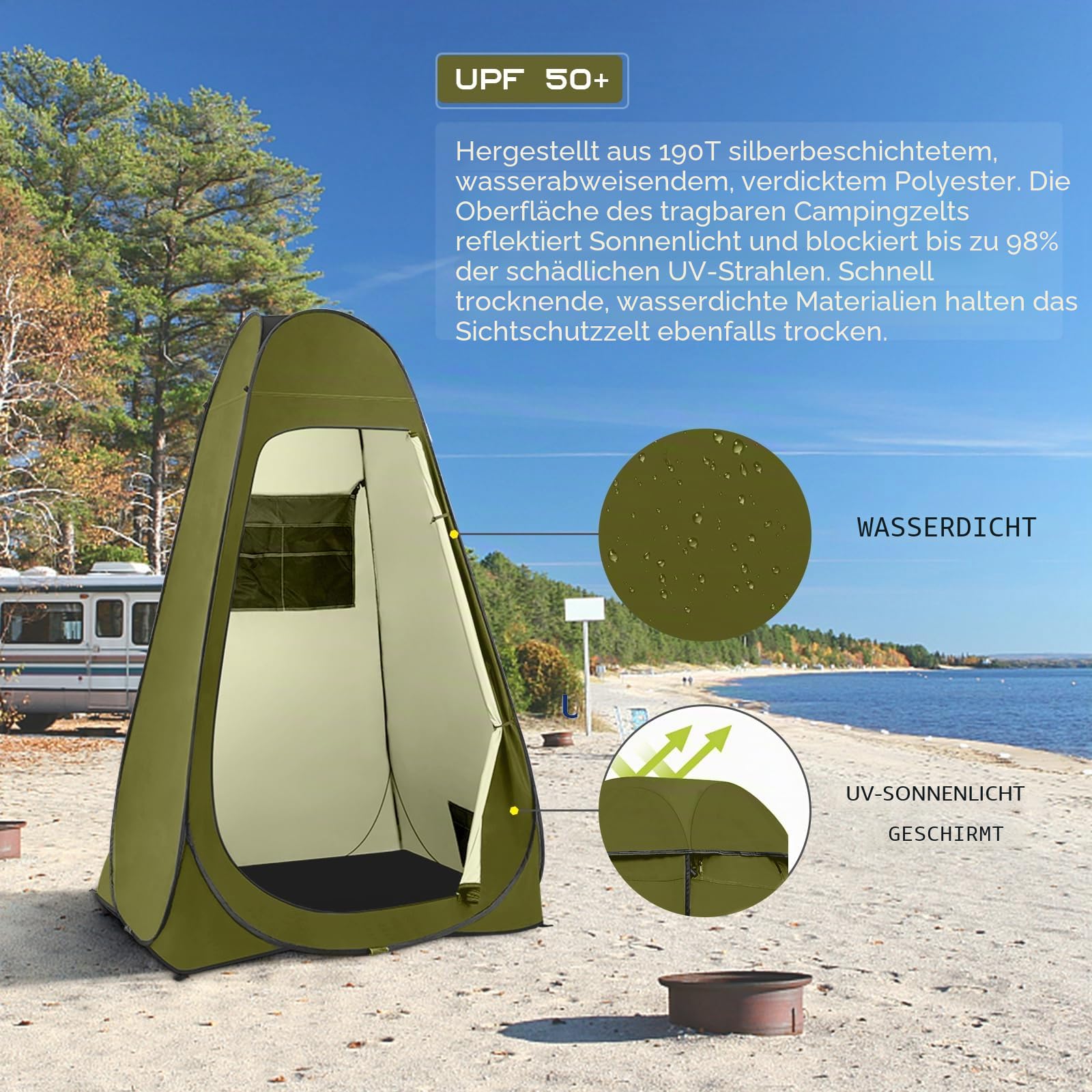 BRIAN & DANY Duschzelt Camping, Pop Up Toilettenzelt, Tragbares Umkleidezelt mit Regenschutz und Fenstern, Sichtschutz Zelt für Outdoor, UPF 50+ Wasserdicht, 120 x 120 x 190 cm