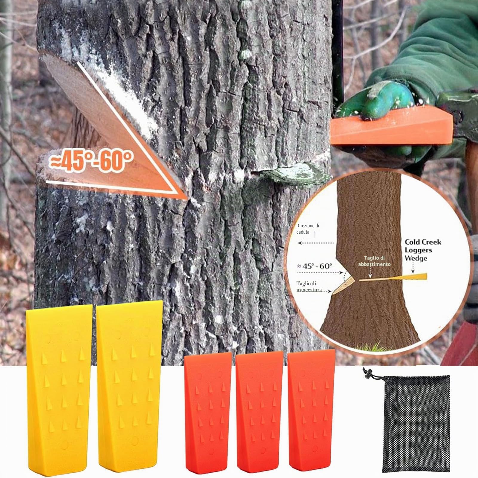 Set di Cunei per Abbattimento 5 Pezzi (2x8 Pollici + 3x6 Pollici) - Cunei Forestali in Plastica Antiscivolo con Denti, Resistente al Gelo, Include Rete per Trasporto, Cunei per Abbattimento