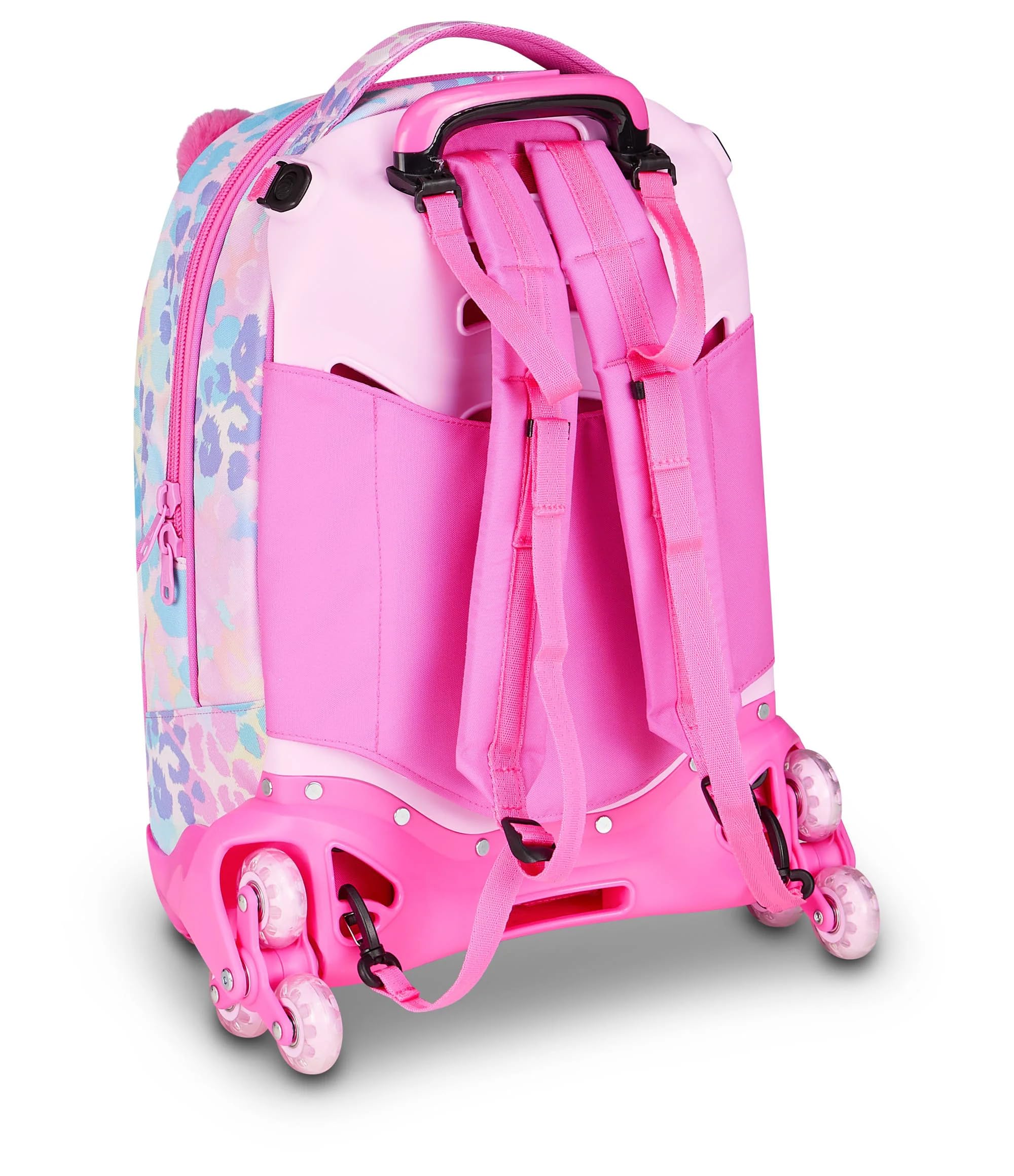 Trolley Scuola Jack 8 Ruote con zaino staccabile Hearth Buddy Girl Gattino, 3 in 1 per Scuola Elementare Bambina + Astuccio 3 zip con cancelleria + 7 penne a scatto e portachiave pailettes