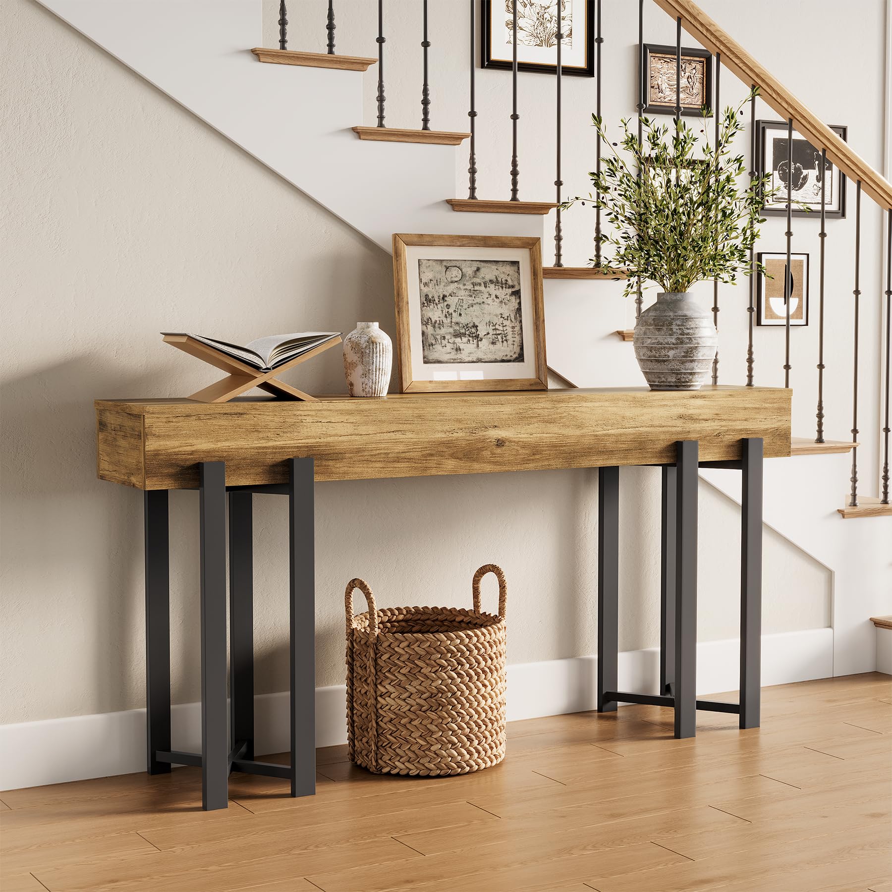 Tribesigns Mesa consola estrecha de 160 cm en estilo rústico, ahorra espacio para pasillo, pasillo y salón, como mesa de centro detrás del sofá o escritorio de oficina en casa con estructura de metal
