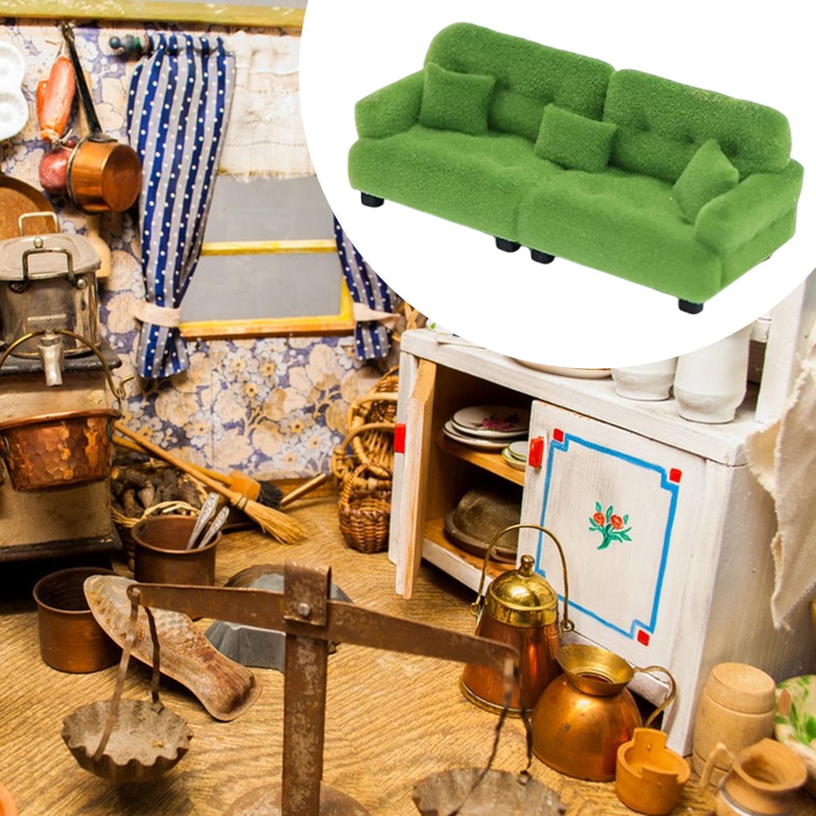 Divano in Miniatura, Mobili Floccati, Soggiorno, Camera da Letto, Micro Scena, Decorazione, Ornamento Classico, Divano per Casa delle Bambole, 1 20 Verde