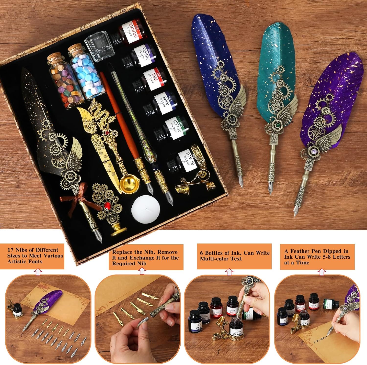 Aifeiter Feather Pen Ink Set, Wax Seal Stamp, Feather Calligraphy Pen, Birthday & (Purple)
