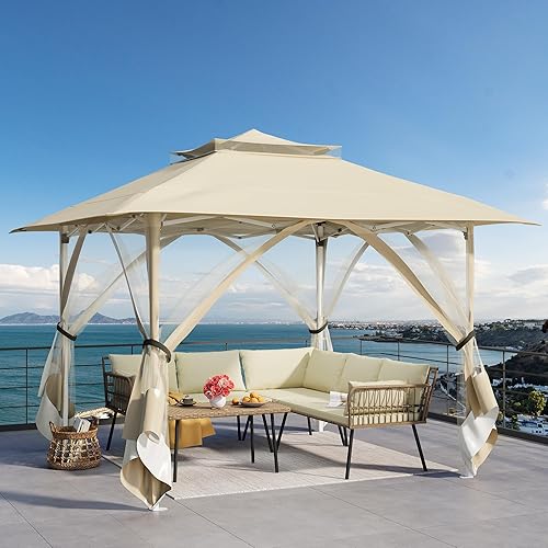 YITAHOME 11'x11'Patio Gazebo Double Roof Pop Up Gazebo, Outdoor Portable Canopy Instant Tent with Netting for Lawn, Garden, Backyard and Deck, Beige