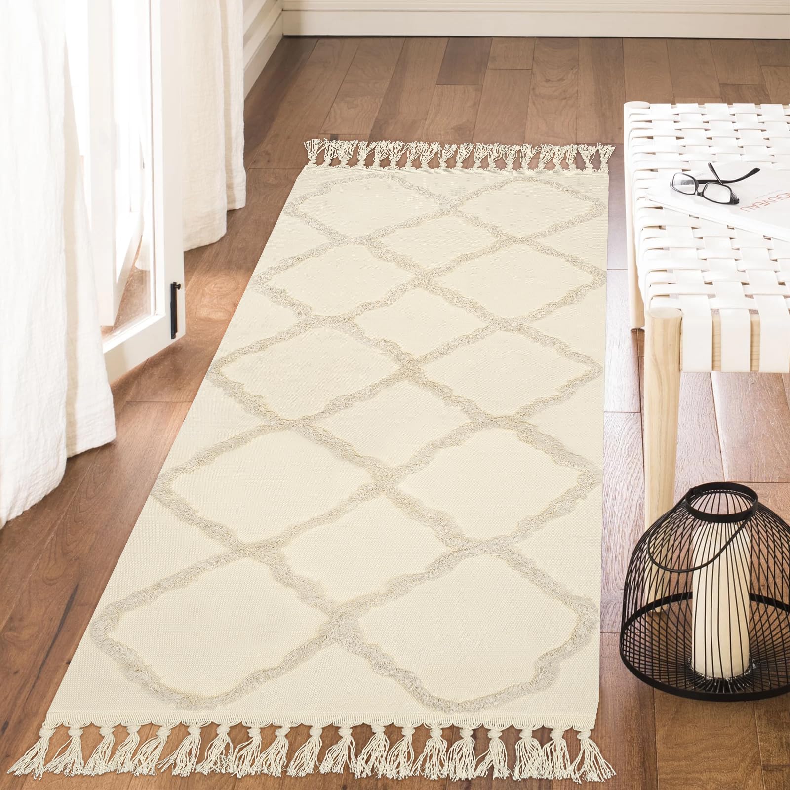 LINROMIA Alfombra Salon Grande 60x150cm,Boho Beige Alfombra de Algodón con Borlas Tejidas, Alfombra Lavable para Baño, Cocina, Dormitorio, Salon, Entrada